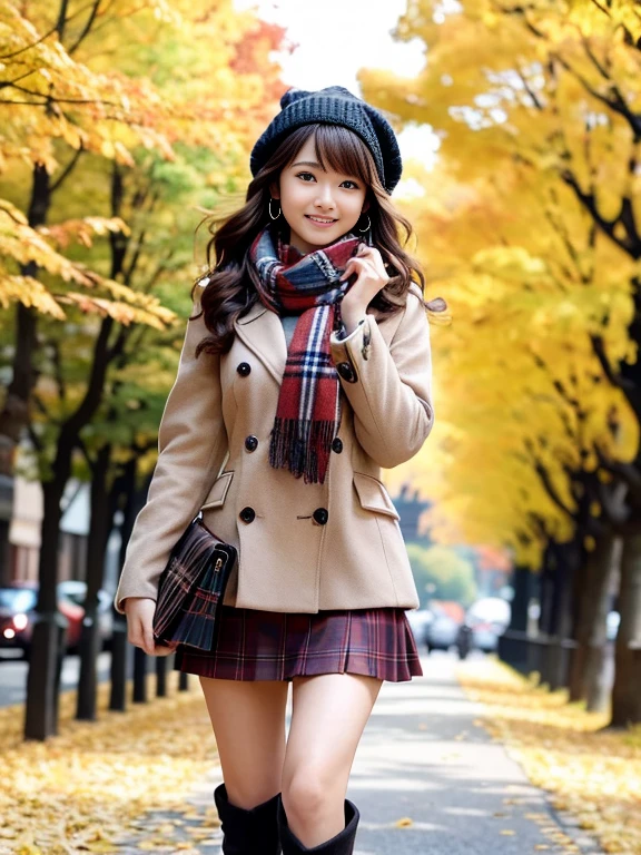 (Photorealistic), (ultra high realistic), (Ultra high definition), (ultra high detailed), (Increase contrast), (Increase saturation), (1girl in), A pretty woman with perfect figure, Cute face, beautiful expression, (Lifelike face), Beautiful hairstyle, Realistic eyes, beautiful detail, (real looking skin), Beautiful skins, enticing, The ultra -The high-definition, A hyper-realistic, Realistic, Very detailed, (medium breasts:0.5), Japanese, Semi-long curly hair, Bangs, (Brown hair), (slim figure),  (Cute idol of Japan walking in light brown wool coat and knee-high boots, Tartan Check Mini Skirt:1.3, Burberry, Burberry Check Scarf:1.3, knit hat, Fall Winter 2023-2024), (), Gentle smile, Brown hair, ( earrings ), (Supermodel Figures), From below:1.3, In a row of ginkgo trees, Long, Magnificent ginkgo trees lined with autumn leaves on both sides of the road, Autumn, golden leaves, A road with many fallen leaves that look golden:1.3, Filled with fallen leaves:1.3