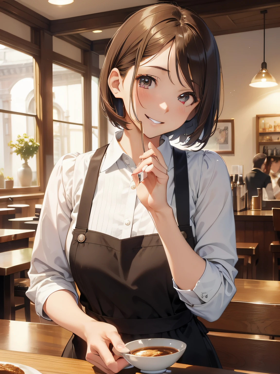 (masutepiece, Best Quality, Ultra High Resolution),1girl in,Short hair, Brown hair, beautiful and detailed face, Detailed eyes,Cafe clerk in apron, in a cafe,(in your 40s)((a smile))