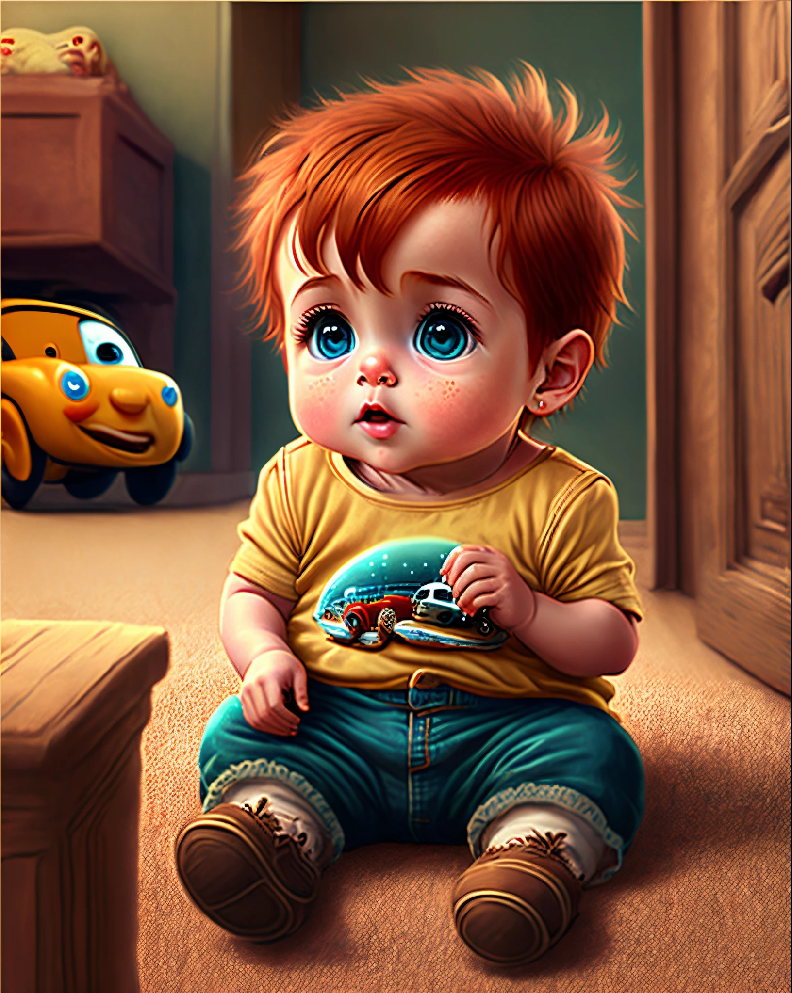 Pixar male with brown red hair watching cars movie