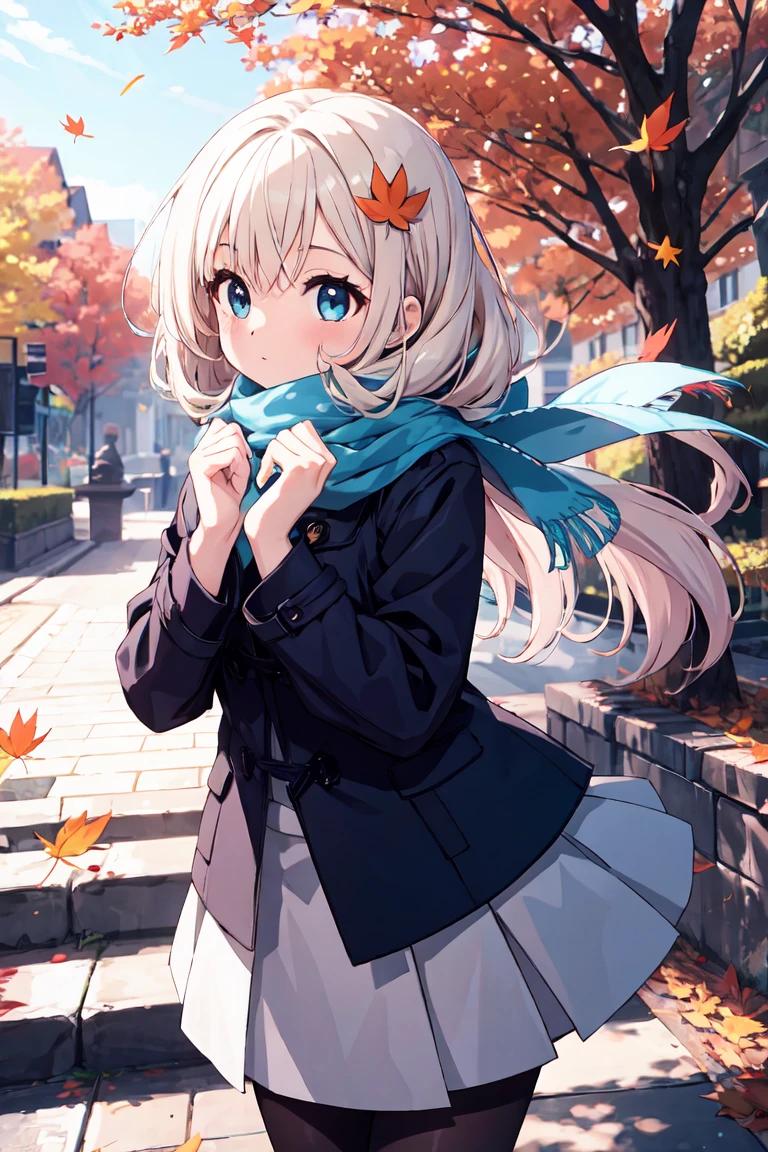 cute pose, beautiful eyes, 1girl, kawaii, loli, tareme, floating long hair, skirt, wind lift, scarf, coat, pantyhose, mushroom hair ornament, Autumn leaves are fluttering down in the wind, masterpiece, best quality, high resolution, highly detailed,