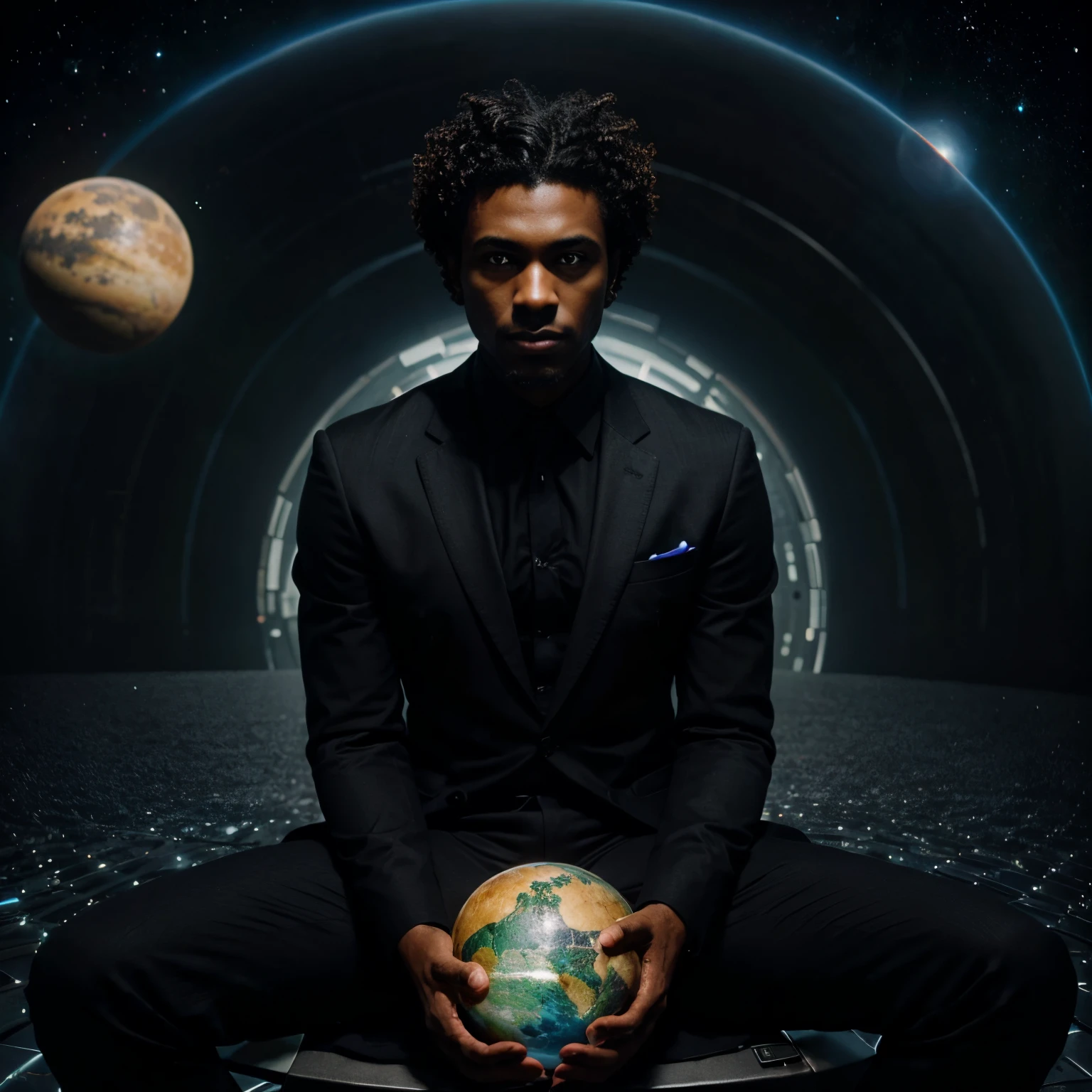 Create a dark-skinned man with shaved curly hair in a black suit sitting in another dimension with several planets studying programming