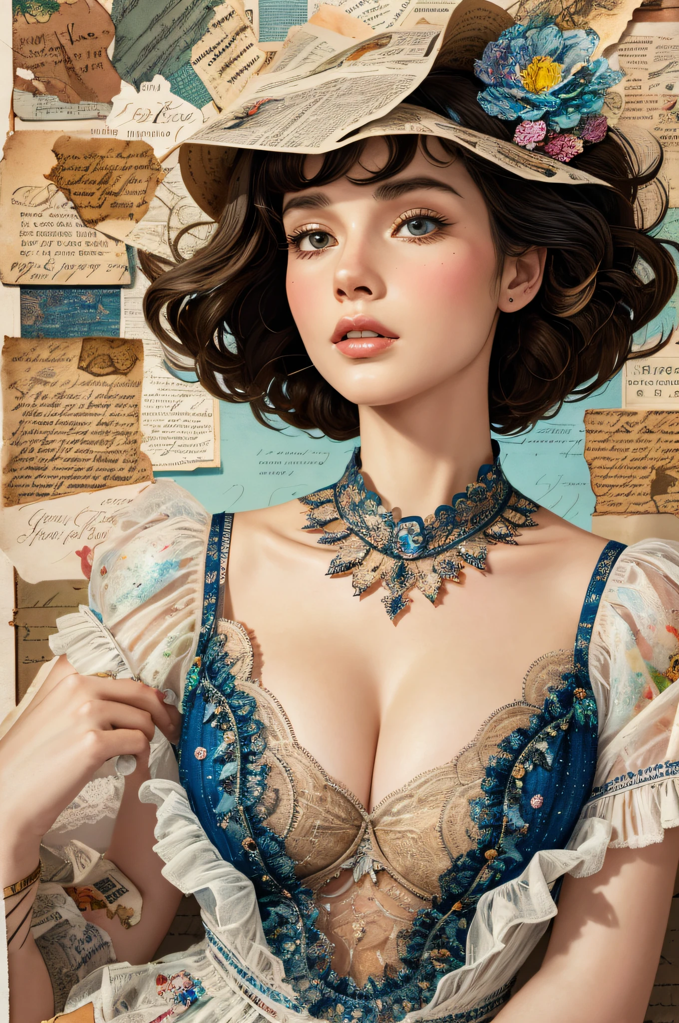 Super detailed alcohol ink painting of gorgeous girl, Made on top of a mixed-media masterpiece patchwork of stress-free vintage script paper, Ephemera, Torn cardboard, Vintage newspaper, Vintage sheet music, Wax Seal, Dress made of paper ruffles and life-size dainty lace, in the style of [Junk Journal, double exposure, Equal to the size of the body, Greg Simkins, Mark Davis, Oliver Jeffers, Andy Kehoe], Cinematic, Stunning, Highly detailed, 8K, dehazed