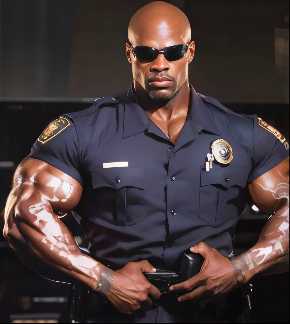 30 years old indian police man with mustach and hung gun at waist mascular dark skin jaat with huge wide muscular shoulders, wide chest, abs, masculine wide triceps, arms, biceps, big masculine legs, wide thighs, calfs, black-haired, hair falls on your face, Mesmerizing brown eyes, police uniform, standing in office with spread legs,His perfect( big huge penis) is (coming out) of his pant,masterpieces