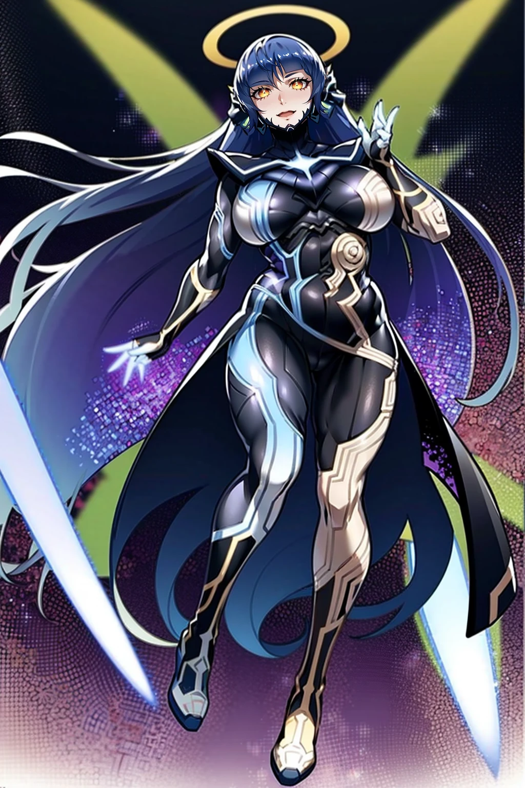 e,, holy magicalgirl, open mouth fang, holy haura, halo, smile, joyfull, paladin, sword holding, full body , boots, standing,cute,breast, curvy, female,fantasy goddess,there is a cartoon picture of a woman with a very large breast, glowing angelic being, glowing holy aura, inspired by Luma Rouge, the non-binary deity of spring, ethereal rainbow nimbus, the butterfly goddess of fire, inspired by Marie Angel, glowing aura around her, astral fairy, as the goddess of the sun, “uwu the prismatic person, big breast, happy, beautiful eyes, , full body, walking, long robe, long dress, ,priestess ,holy, smile, god rays, ray tracing, sparkle, cinematic lighting, UHD, retina, masterpiece, ccurate, anatomically correct, textured skin, super detail, high details, high quality, award winning, best quality, highres, 1080P, HD, 4K, thunder aura, light aura,full body suit, pullover, metal suit, covered chest, closed mouth smile
