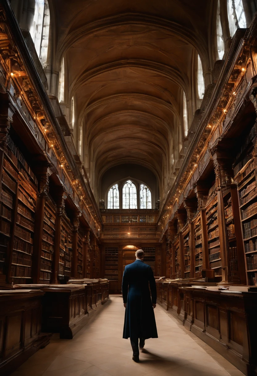 An image of Waterford walking through the grand library, surrounded by towering bookshelves and antique leather-bound books.,The Handmaid's Tale,Fred Waterford, a character from “The Handmaid’s Tale,” presents a commanding figure with a stern, composed demeanor, often seen in the authoritative, formal attire befitting his high-ranking position in the dystopian regime of Gilead. His neat appearance, with a clean-shaven face and well-groomed hair, masks the cruelty and manipulation he is capable of as one of the architects of the oppressive society.