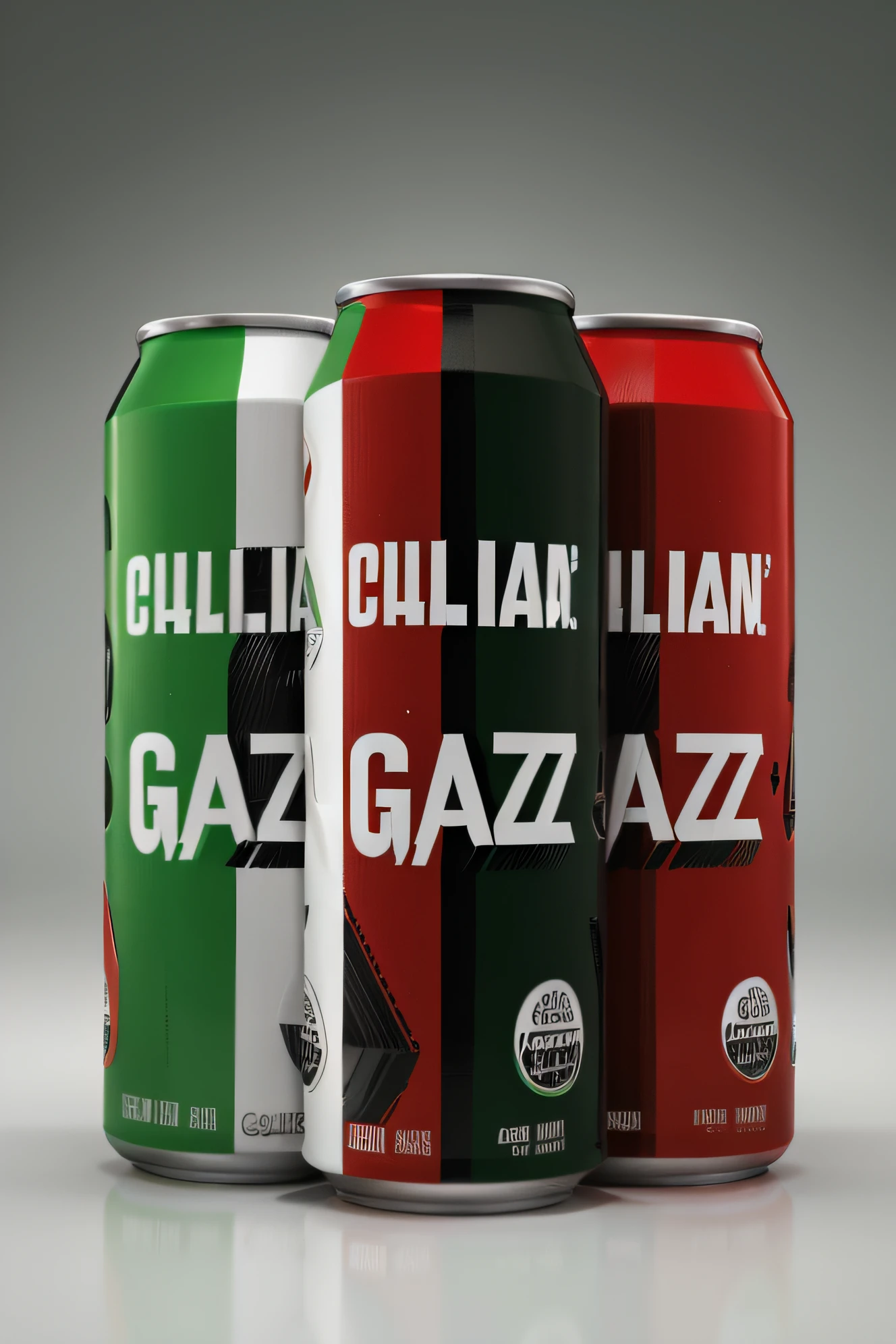 cola can design based in four colors green, white, black and red it must be strong design represnts power and muscles it is a power drink the brand name called ( gaza )