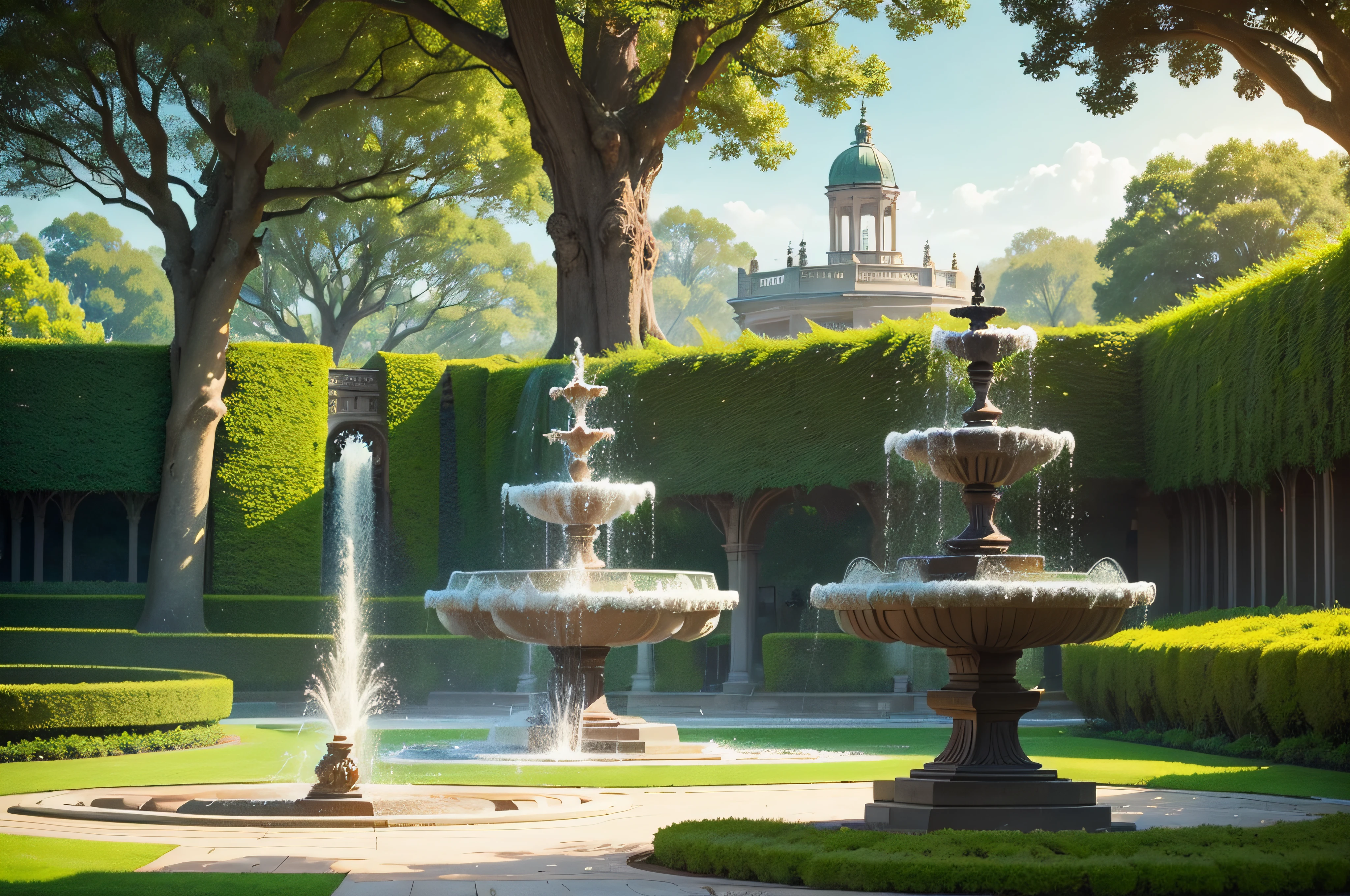 The Royal Gardens are a vast, lush space located on the outskirts of the royal palace. They are meticulously designed and cared for, presenting a harmonious combination of nature and landscaping. The winding trails are surrounded by colorful flowers, neatly trimmed bushes and majestic trees. Water fountains gently gush, creating a relaxing and serene atmosphere.