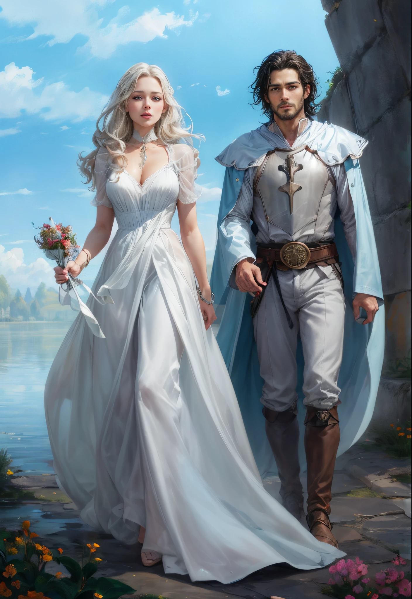 A white-haired elven maiden and a steampunk golem with black skin and blue eyes, hands almost touching in the middle of a forest full of roses with gears at their feet,
unity, auslese,
harmony, duality,
Mystical Bond, Intertwining destinies, mechanical heartbeat, elven fascination