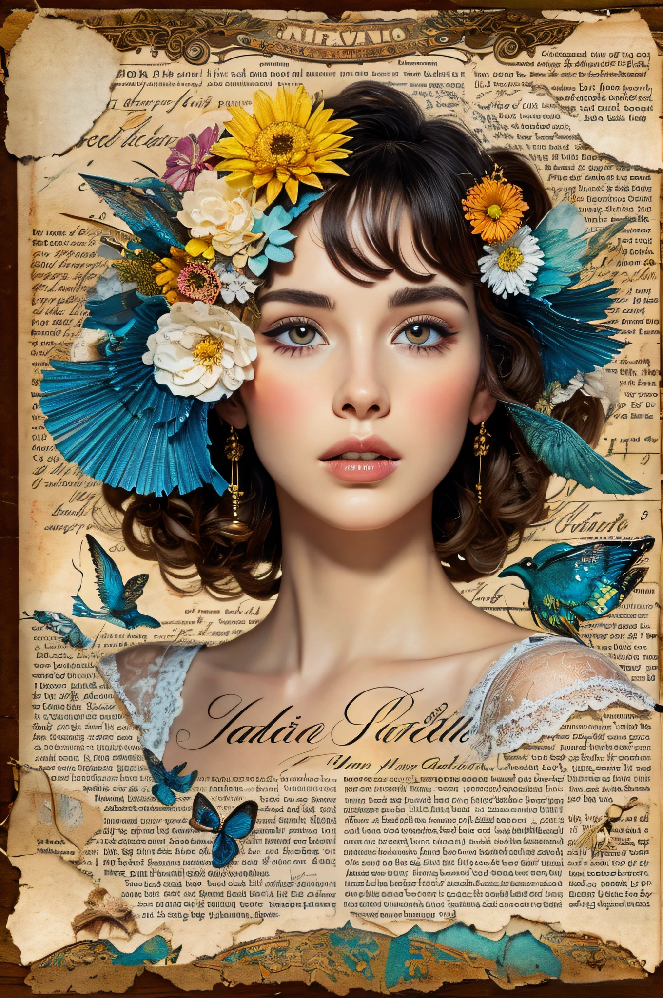 Super detailed alcohol ink painting of gorgeous girl, Made on top of a mixed-media masterpiece patchwork of stress-free vintage script paper, Ephemera, Torn cardboard, Vintage newspaper, Vintage sheet music, Wax Seal, Dress made of paper ruffles and life-size dainty lace, in the style of [Junk Journal, double exposure, Equal to the size of the body, Greg Simkins, Mark Davis, Oliver Jeffers, Andy Kehoe], Cinematic, Stunning, Highly detailed, 8K, dehazed