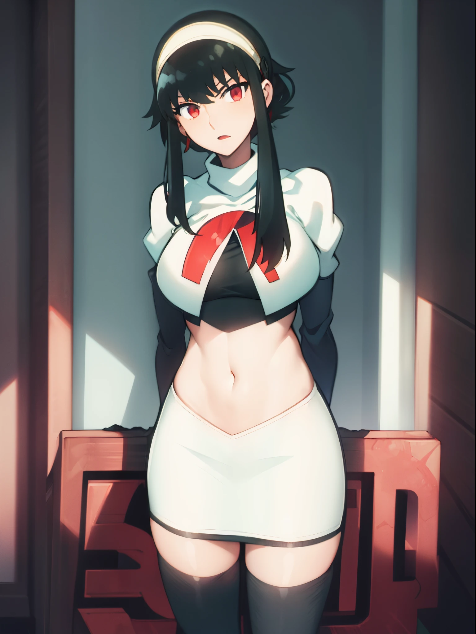 yor, 1girl, black hair, red eyes, black hair, short hair, short hair with long locks, bangs, sidelocks, white hairband,team rocket,team rocket uniform, red letter R, white skirt,white crop top,black thigh-highs,black elbow gloves