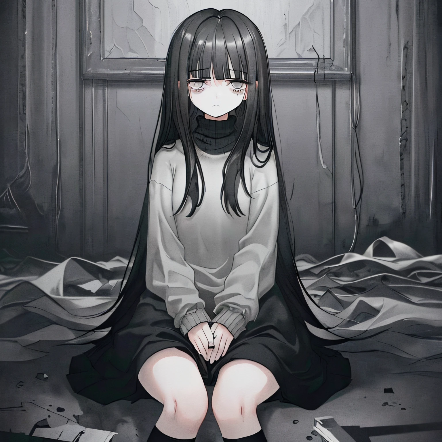 (gray tone:1.2) (sad:1.2) (heavy emptiness:1.2) (sad environment:1.2) (a sad girl:1.2) (black hair:1.2)(gray tone:1.2) (sad:1.2) (heavy emptiness:1.2) (sad environment:1.2) (a sad girl:1.2) (black hair:1.2) (dark room:1.2) (strong light coming from the right:1.2 ) (sitting:1.2), (gray environment:1.2) (dark circles in the eyes:1.2)