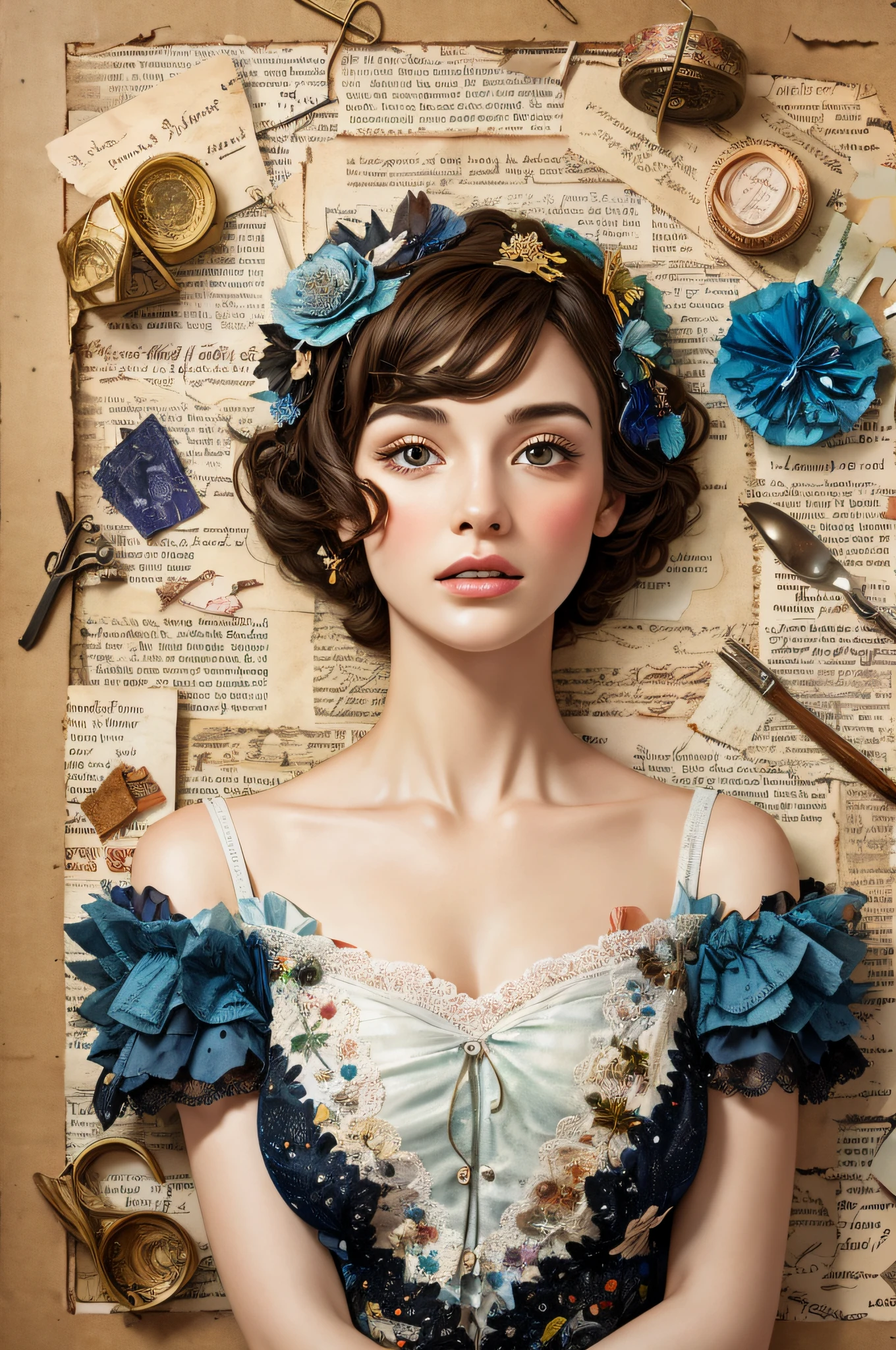 Super detailed alcohol ink painting of gorgeous girl, Made on top of a mixed-media masterpiece patchwork of stress-free vintage script paper, Ephemera, Torn cardboard, Vintage newspaper, Vintage sheet music, Wax Seal, Dress made of paper ruffles and life-size dainty lace, in the style of [Junk Journal, double exposure, Equal to the size of the body, Greg Simkins, Mark Davis, Oliver Jeffers, Andy Kehoe], Cinematic, Stunning, Highly detailed, 8K, dehazed