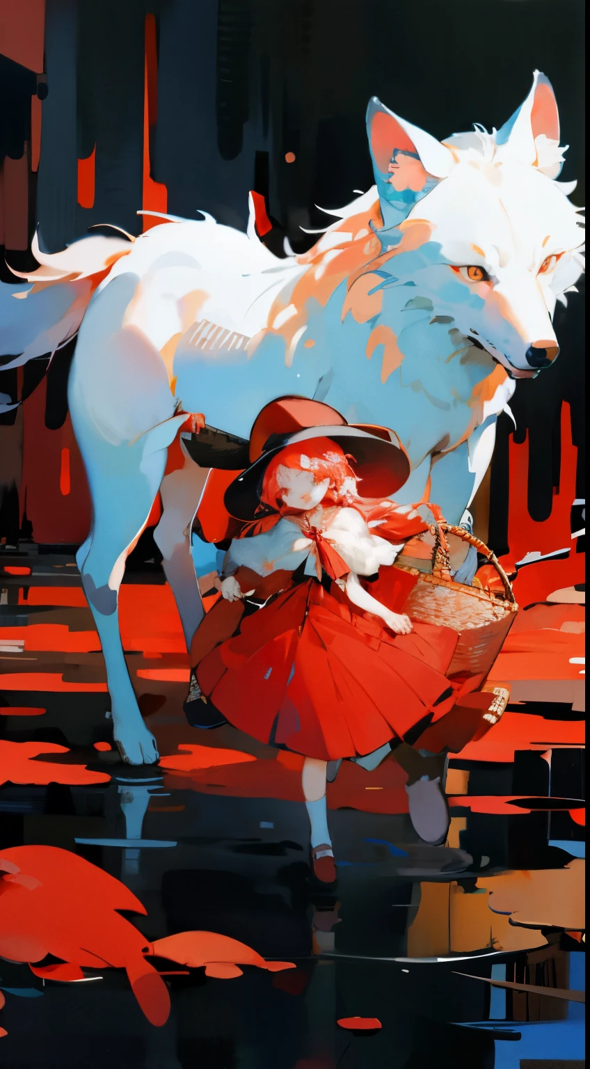 Describe the scene where the girl in red meets the wolf，(((white wolf)))，Quiet and harmonious atmosphere，Dramatic composition，warm color palette，Many colors，Correct anatomy，Detailed faces, 詳細な目，（Girls wear：red shawl，Red Hat，laced dress，Red Hat, cloaks, , a skirt, Red dress，Carrying a basket of fruit），Background with：luring，natural  lightting, Candy   House，a fairy world，，Correct anatomy，Detailed faces, 詳細な目，(post impressionist),(Fechin Oil Painting - Fechin Oil Painting , oil painted), 01