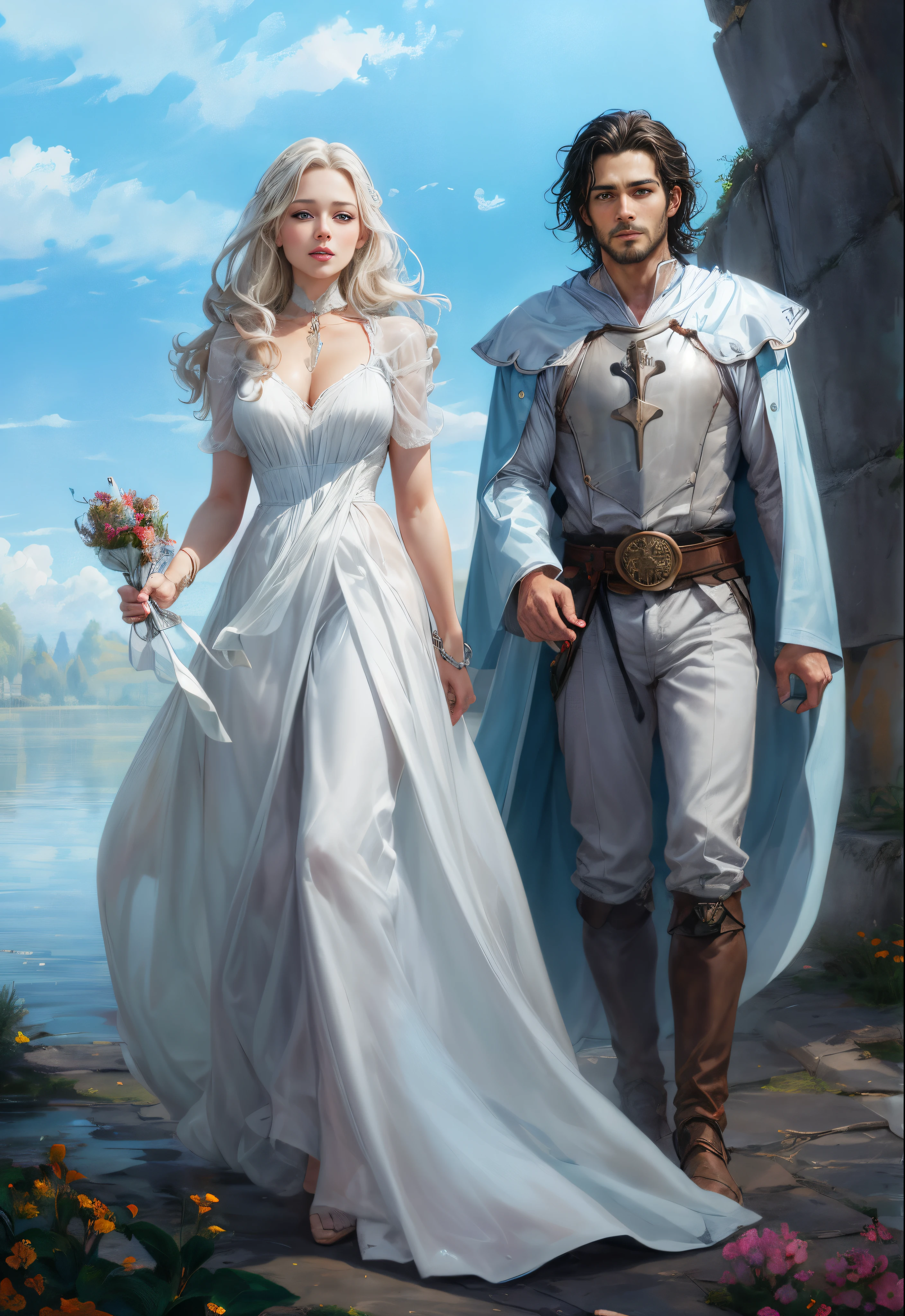 Photo of a man and a woman, dressed in medieval clothes, Walk on the lake, inspired by Magali Villeneuve, romance novel cover, magali villeneuve', magali villeneuve and monet, graphic artist magali villeneuve, charlie bowater and artgeem, Edmund Blair and Charlie Bauer, flowing white robes, magali villeneuve'