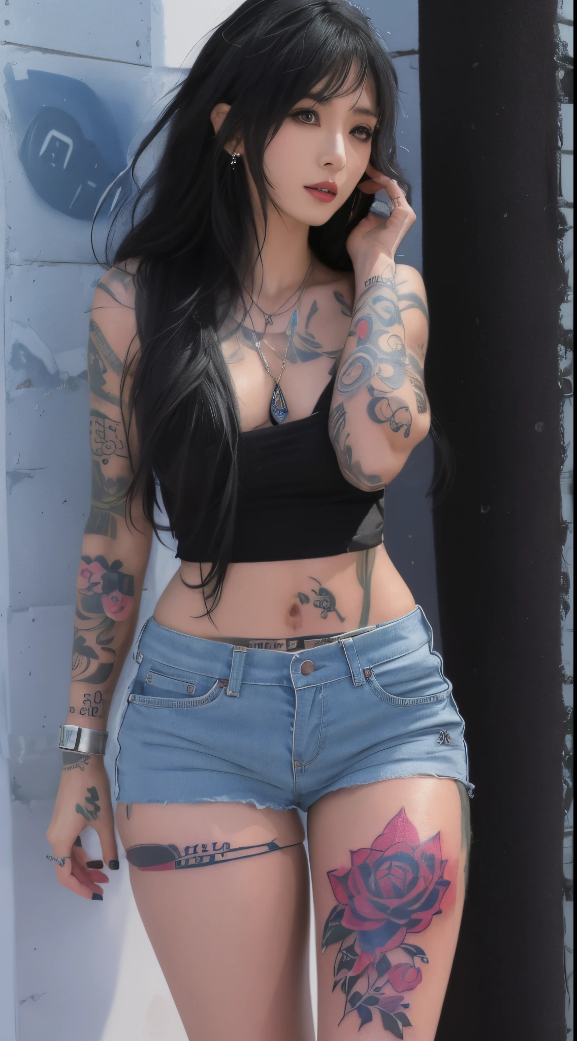 Mujer arafed con tatuajes y un top negro posando para una foto., de chica taiwanesa con tatuajes, con tatuajes, cuerpo tatuado, tatuajes y piercings, Entintado, Yakuza Slim Chica, cuerpo cubierto de tatuajes florales, Manga de tatuaje en su brazo derecho, Tatuajes, estilo de tatuaje, cuerpo completamente tatuado, tatuajes en toda la piel, Foto de Slim Girl Model