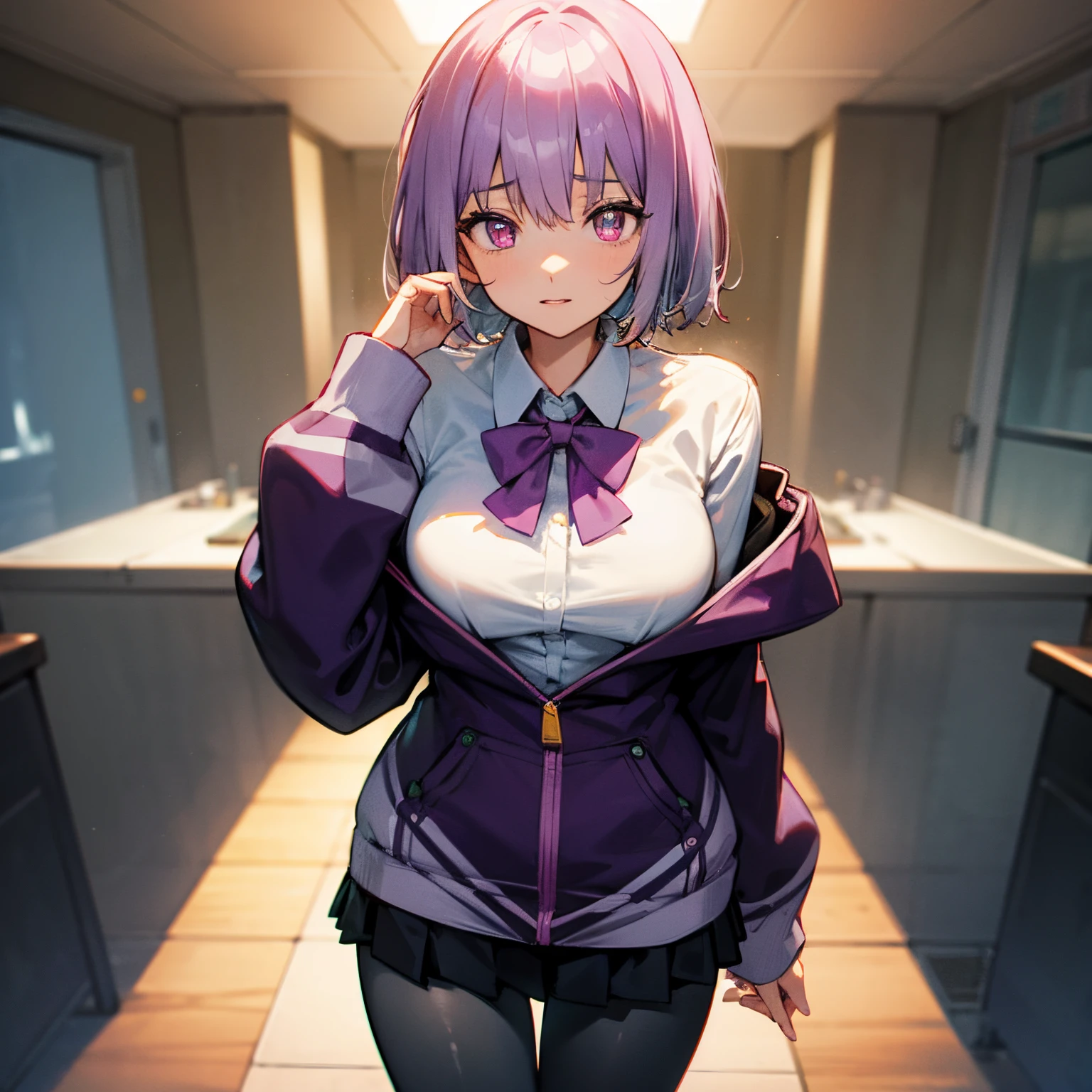akaneshinjou, shinjou akane, light purple hair, (pink eyes:1.2), short hair,
BREAK black pantyhose, bow, collared shirt, hood, hooded jacket, jacket, open clothes, open jacket, open shirt, pantyhose, purple bow, purple jacket, school uniform, shirt, sleeves past wrists, unbuttoned shirt, white shirt,,
BREAK indoors, city,
BREAK looking at viewer, BREAK (masterpiece:1.2), best quality, high resolution, unity 8k wallpaper, (illustration:0.8), (beautiful detailed eyes:1.6), extremely detailed face, perfect lighting, extremely detailed CG, (perfect hands, perfect anatomy),
