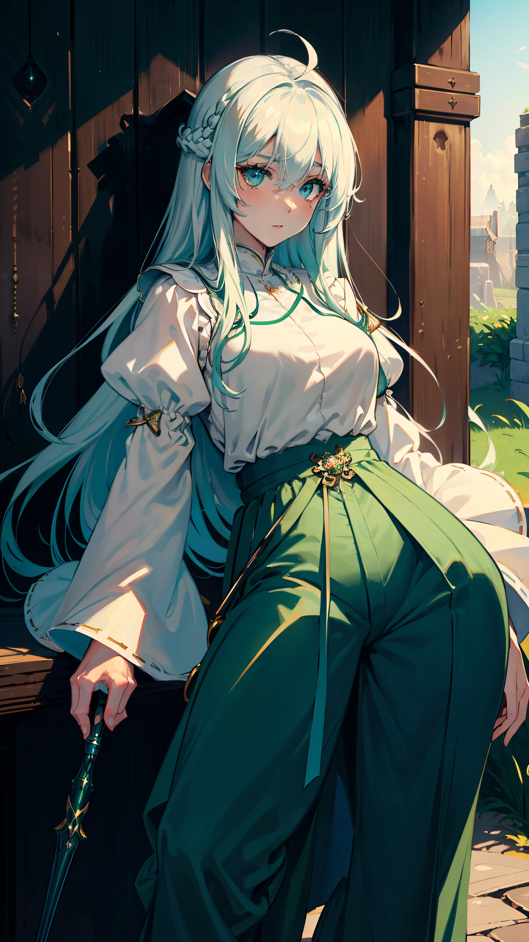 masterpiece, ultra detailed, 8k portrait, RAW photo, portrait photography, Highly detailed face, beautiful and meticulous eyes, ((Fantasy)), Young beautiful, (((Female priest))), (((((spread legs standing))))), (light blue long thin hair)), ahoge, hair over one eye, Gentle face, White skin, (((green and white puffy sleeve priest robes))) Fluttering in the wind, (((lowleg wide pants))), Leather boots, ((((equip a magic wand)))), Midday Sun, Hyper realistic, Body model, Small breasts, Beautiful breasts, Long legs, in the medieval adventurer's guild, Ambient lighting, Shadow details, Camera focus on face, strong breeze, Light fog