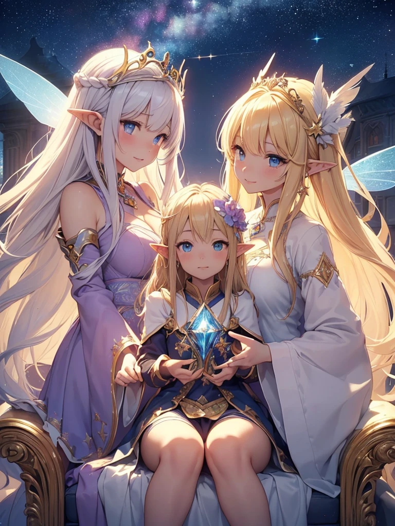 top-quality、Top image quality、masterpiece、girl with((20yr old、Best Bust、big bast、Bust 90,Beautiful blue eyes、,Blonde long hair、A slender、Fairy feathers、、a closeup、Esbian、beautiful tiara、hiquality、Beautiful Art、Background with((starrysky)))masutepiece、visualart、depth of fields、sky at night、low angles、、Elven ears、Both wings shine in rainbow colors、light magic、kosmos、mid night、harp melody🎵、Fun Concerts、Happy smile、Gentle light、Emitting a magical light、Beautiful skins、beutiful breast、beautiful skirt、accurate fingers、Exact finger count、Beautiful flower garden.nffsw、Deities々Right、palace throne、Beautiful wand