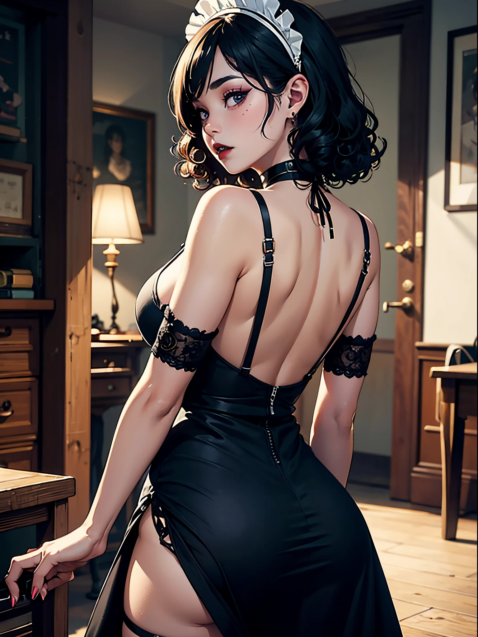 (Original Character、Unity 16K Wallpaper, Masterpiece, Best Quality, Ultra-Detailed, Extremely Detailed CG, Caustics, Cinematic Lighting, Detailed, Beautiful Detailed Eyes, solo,sexy women), Ultra High Resolution, fine skin, (maid, maid apron, maid headdress), (strong light)、oily skin,curby:1.2,,sexy women,little devil face,large breasts,back shot, masterpiece, best quality, 1girl, cute young girl, ager, solo, choker, bored, short hair, black hair, (((very curly hair))), goth girl, black eyes, elven ears, pointed ears, indoors, big ass:0.5, curvy body:0.5, ((blackmakeup, black eyeshadows, black lipstick,)),