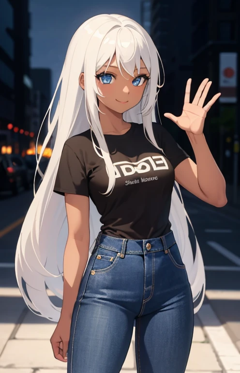 1 girl, solo, (masterpiece), (((brown skin))), (18 year old appearance), blue eyes, long white hair, small breasts, Black shirt, jeans, smile, Waving