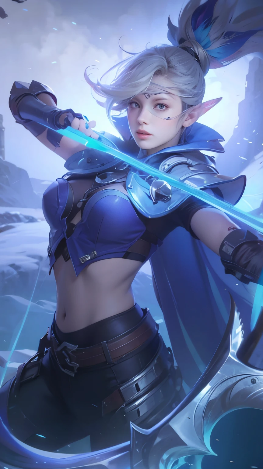 (female:1.2), 8k, ultra hd, ultra detailed texture, hyper realistic, masterpiece, detailed texture, detailed face, detailed skin, detailed lighting, (photorealistic:1.5), best quality, beautiful lighting, cinematic lighting, professional lighting, ultra highres, realistic, detailed hair, real hair, high quality, (realskin:1.5), extremely detailed, finely detail, ultra-detailed, 1girl, solo, elf, pointy ears, standing, demon horns, forehead protector, (red eyes:1.5), v-shapped eyebrow, lips, red lips, evil smile, nose, make up, pretty, beautiful, cute face, long hair, blue hair, high ponytail, large breasts, cleavage, armpit, navel, stomach, black armor, pauldrons, bare shoulders, shoulder armor, thigh high, sleevless, detached sleeves, breastplate, gauntlets, miya \(mobile legends\), depth of field, looking aways, white skin, skin tight, amazing pose, outdoors, glowing, dark view.