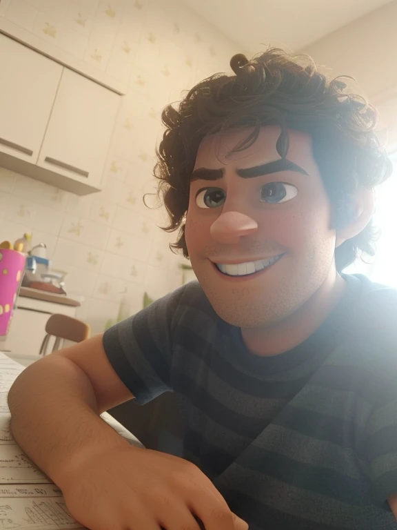 homem pequeno, grande sorriso, grandes olhos castanhos escuros bem definido, camisa cinza clara , Da Disney Pixar's Up (2009), close - retrato facial de cima, Como um personagem da Pixar, Personagem ideal da Pixar, Representado como um personagem da Pixar, personagem pixar, personagem pixar bonito, Anato Finnstark. Pixar, em cima, quadro do filme pixar, design de personagem bonito pixar, animation film