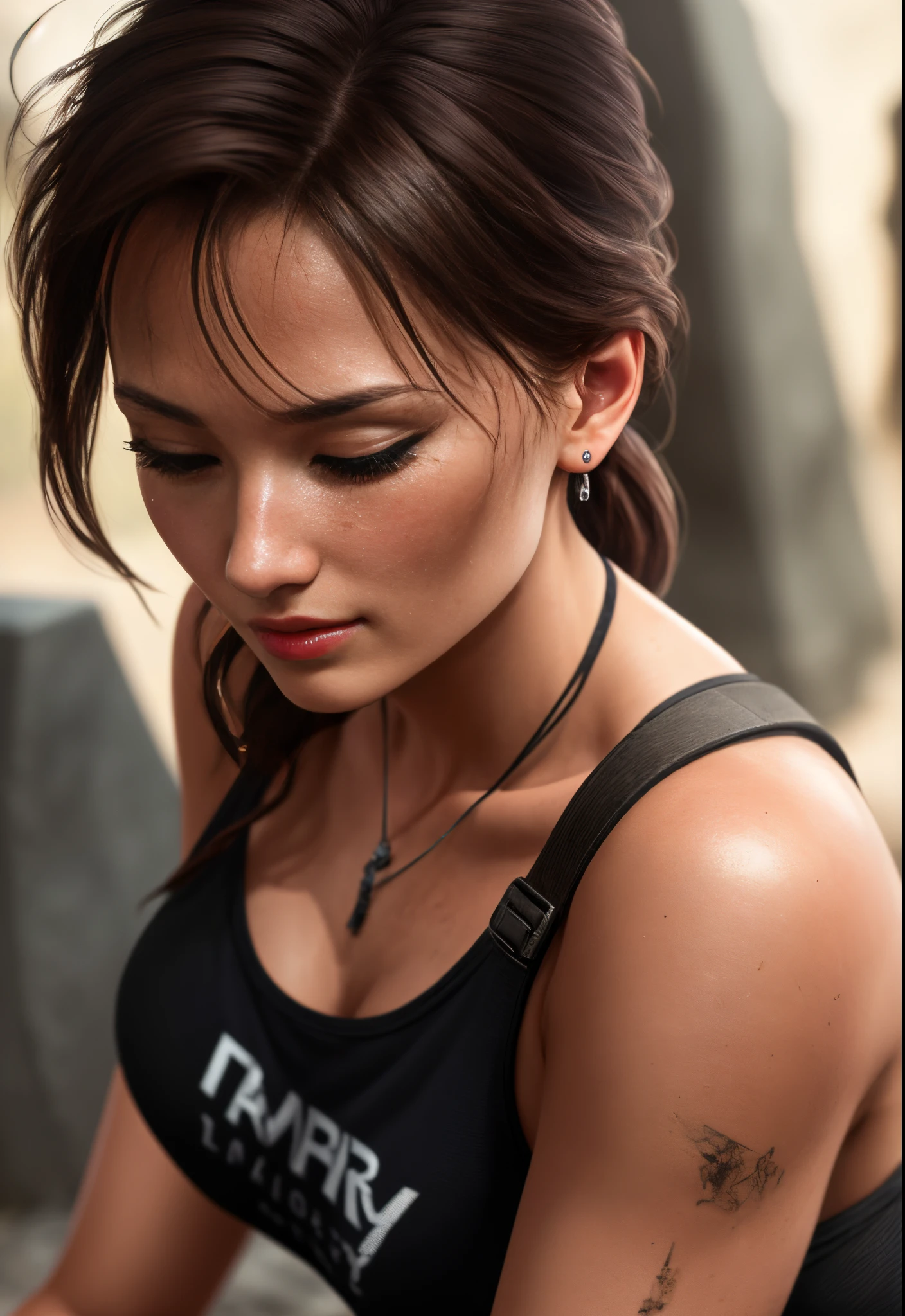 (tomb raider outfit:1.2), half closed eyes, crying, modelshoot style, (extremely detailed CG unity 8k wallpaper), woman, masterpiece, highres, shallow depth of field, Sharp focus, hdr, 8k, Cannon EOS 5D Mark III, 85mm, Cinematic, beautiful punk , symmetry , Flirty character portrait, full body , Amazing photography ,dynamic compositon, full body photo, De-Noise, f 5.6 , 85mm, CineStill 800T, film photo, flowing, elegant pose, realistic portrait, round eyes, skin texture, soft natural lighting, intimate composition, Cinestill 800T, modelshoot style, (8k wallpaper), perfect, masterpiece, highres, absurdres,broad light, Sharp focus, natural lighting, masterpiece, 4K, high quality, (((slim))), (smirk), (big eyes)