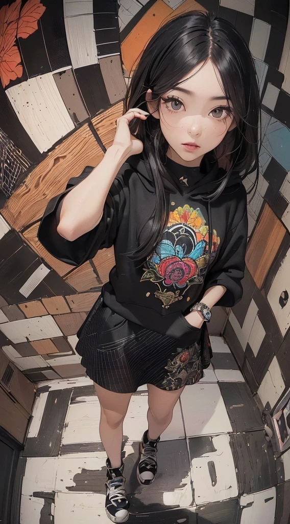 (((8k wallpaper of extremely detailed CG unit:1.2, masterpiece, hight resolution:1.2, top-quality:1.2, masutepiece))), ((a very beautiful woman, Hands in pockets:1.8, Grunge Fashion:1.2, wearing hoodies:1.2, Wearing a long skirt, Wearing shoes)), ((extra detailed face, extremely beautiful face, Highly detailed black eyes, extra detailed body, Top quality real texture skins)), (A dark-haired, length hair, de pele branca, Small), ((colorful geometric pattern wall, Colorful wall)), (high-angle, Fisheye:1.3), hyper realisitic, digitial painting,