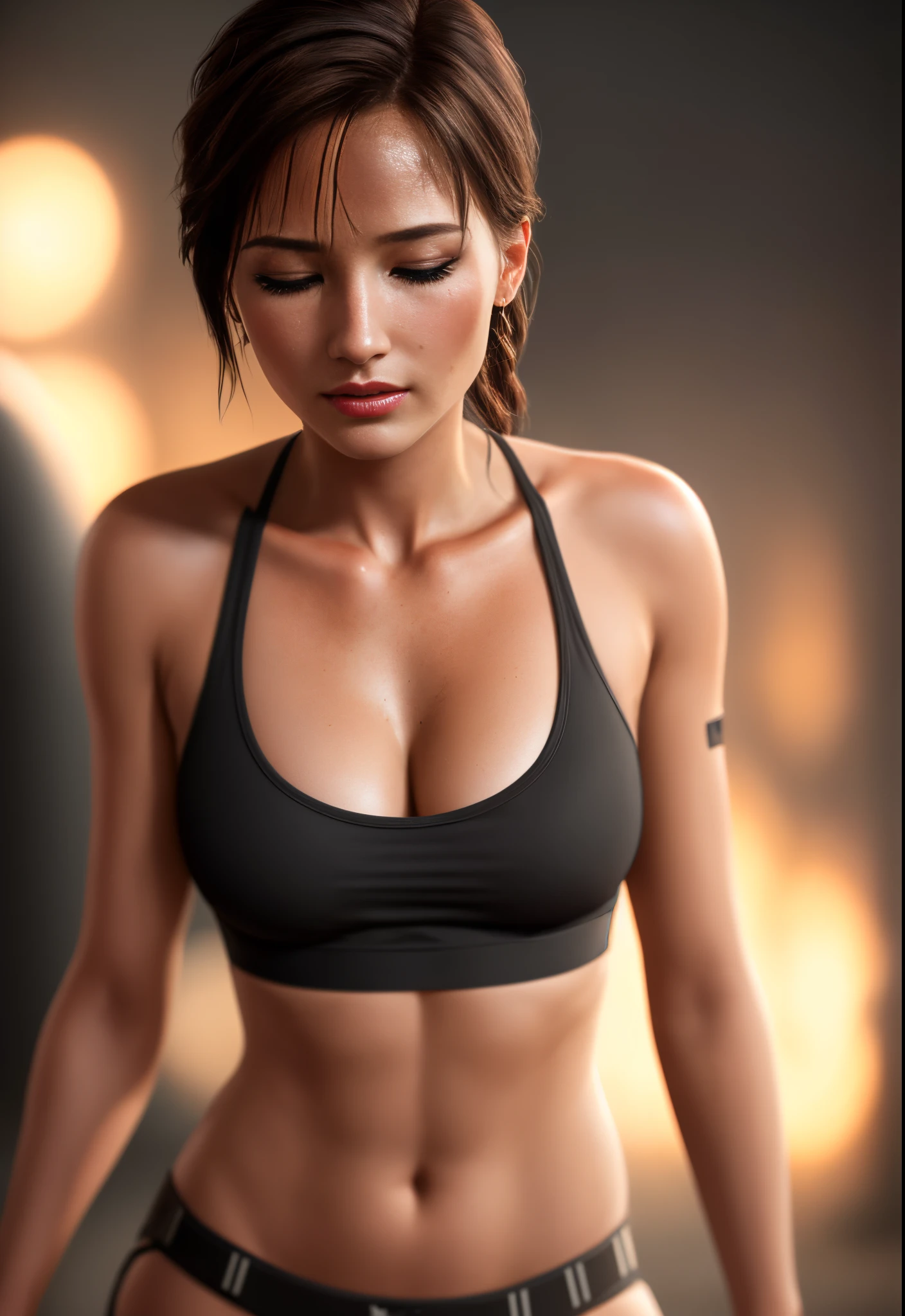 (tomb raider outfit:1.2), half closed eyes, crying, modelshoot style, (extremely detailed CG unity 8k wallpaper), woman, masterpiece, highres, shallow depth of field, Sharp focus, hdr, 8k, Cannon EOS 5D Mark III, 85mm, Cinematic, beautiful punk , symmetry , Flirty character portrait, full body , Amazing photography ,dynamic compositon, full body photo, De-Noise, f 5.6 , 85mm, CineStill 800T, film photo, flowing, elegant pose, realistic portrait, round eyes, skin texture, soft natural lighting, intimate composition, Cinestill 800T, modelshoot style, (8k wallpaper), perfect, masterpiece, highres, absurdres,broad light, Sharp focus, natural lighting, masterpiece, 4K, high quality, (((slim))), (smirk), (big eyes)