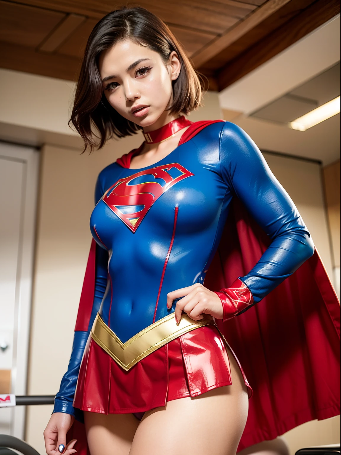 ​masterpiece,Short-haired supergirl spreading her thighs on a hospital operating table、large full breasts、Looking at the camera、Glossy enamel costume、Glossy red enamel long boots、Shiny red skirt、a choker、Glimpse、Fluttering cloak、seduces、sexypose、shame、Insults、insult、cum on、Fayue、ecstacy、radical、Stimulating、The erection