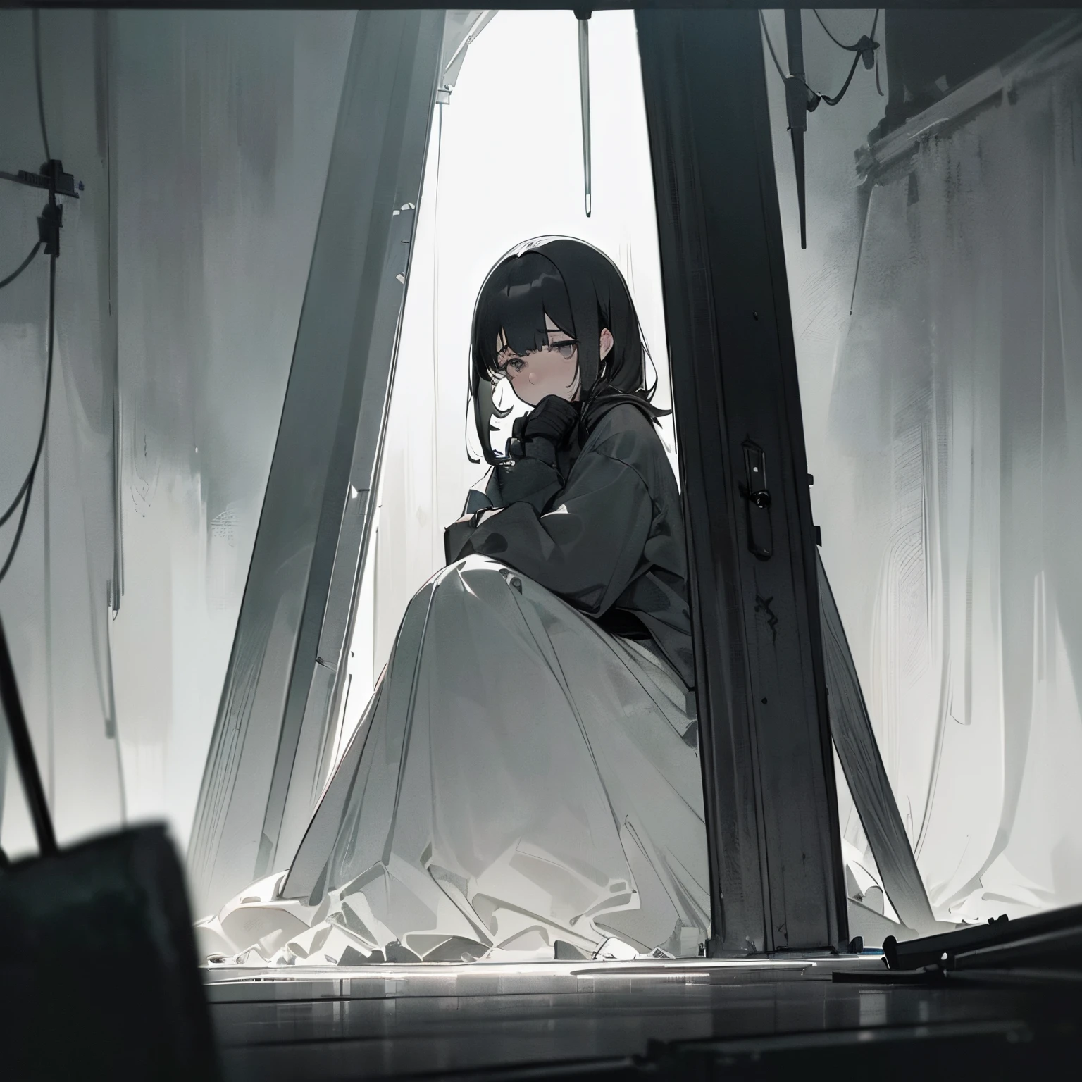 ((gray tone:1.2) (sad:1.2) (heavy emptiness:1.2) (sad environment:1.2) (a sad girl:1.2) (black hair:1.2) (dark room:1.2) (strong light coming from the right:1.2 ) (sitting:1.2), (gray environment:1.2) (dark circles in the eyes:1.2)