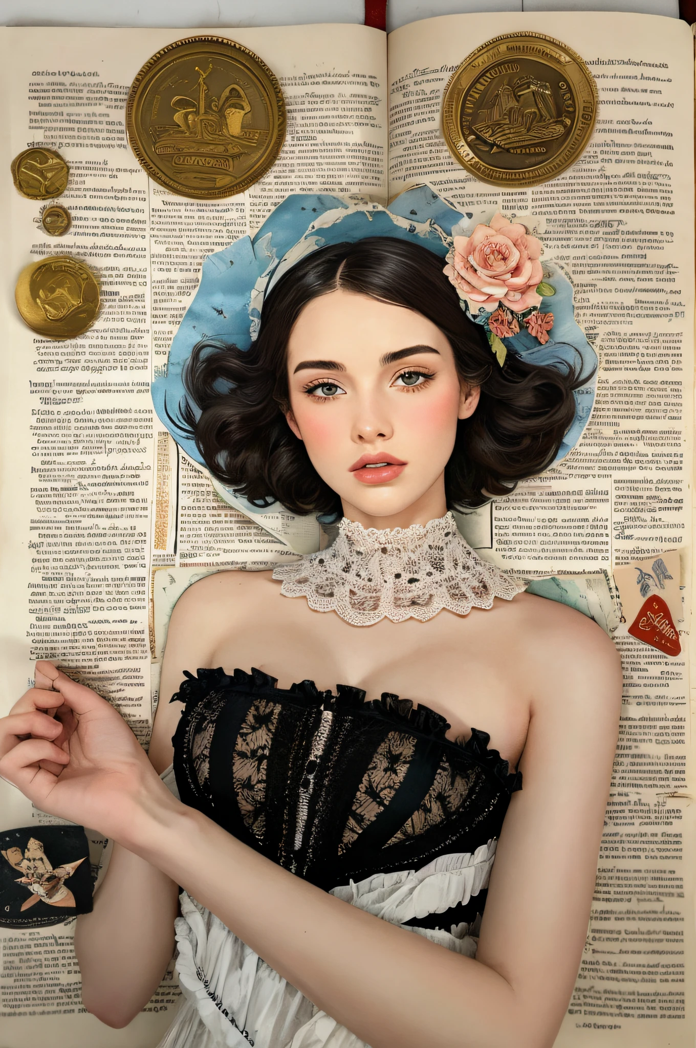 Super detailed alcohol ink painting of gorgeous girl, Made on top of a mixed-media masterpiece patchwork of stress-free vintage script paper, Ephemera, Torn cardboard, Vintage newspaper, Vintage sheet music, Wax Seal, Dress made of paper ruffles and life-size dainty lace, in the style of [Junk Journal, double exposure, Equal to the size of the body, Greg Simkins, Mark Davis, Oliver Jeffers, Andy Kehoe], Cinematic, Stunning, Highly detailed, 8K, dehazed