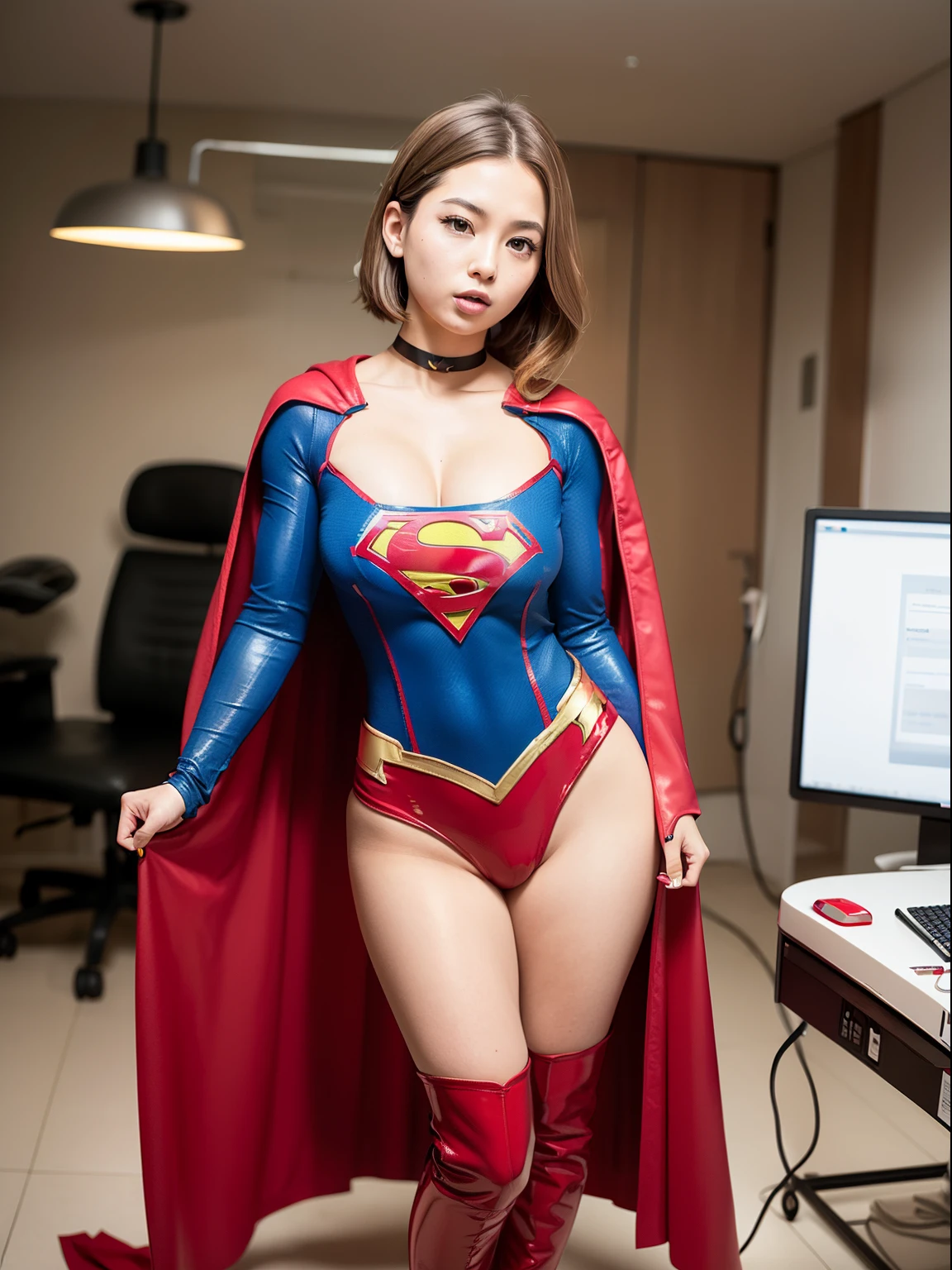 ​masterpiece,Short-haired supergirl spreading her thighs on a hospital operating table、large full breasts、Looking at the camera、Glossy enamel costume、Glossy red enamel long boots、Shiny red skirt、a choker、Glimpse、Fluttering cloak、seduces、sexypose、shame、Insults、insult、cum on、Fayue、ecstacy、radical、Stimulating、The erection