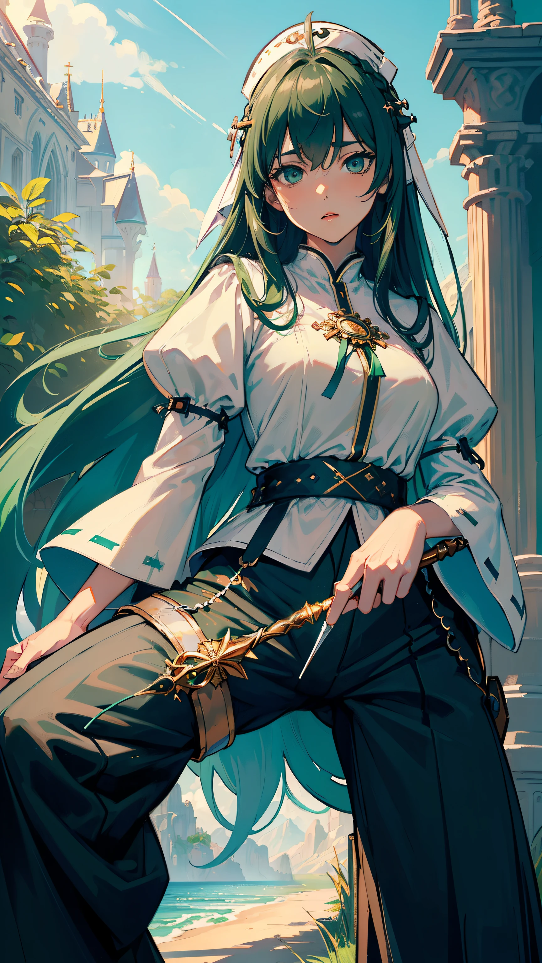 masterpiece, ultra detailed, 8k portrait, RAW photo, portrait photography, Highly detailed face, beautiful and meticulous eyes, ((Fantasy)), Young beautiful, (((Female priest))), (((((spread legs standing))))), (light blue long thin hair)), ahoge, hair over one eye, Gentle face, White skin, (((green and white puffy sleeve priest robes))) Fluttering in the wind, (((lowleg wide pants))), Leather boots, ((((equip a magic wand)))), Midday Sun, Hyper realistic, Body model, Small breasts, Beautiful breasts, Long legs, in the medieval adventurer's guild, Ambient lighting, Shadow details, Camera focus on face, strong breeze, Light fog