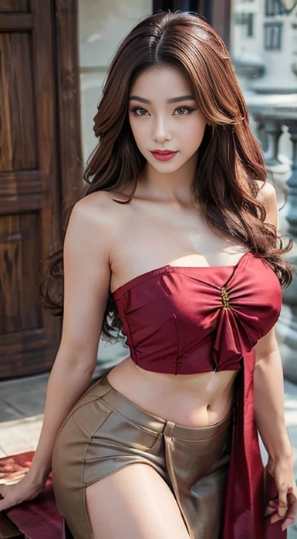 Detailed faces, Clear Face, beautiful girl, (((See the whole body........., Long slender legs.........))), Model Girl, Korean Makeup, Red lips, Black Hair, (((very long hair, Extra long hair))), Medium body, Big breasts, super large breasts,(((emphasis on breasts, breast augmentation))), Thai angel costume, antique, Traditional Thai costumes, high-res, Full body , The stomach was visible.........., I see beautiful legs., Evening Light, Sit on the throne...., Elegant posture, Look straight ahead..........., queen,  Red dress, golden kanok pattern