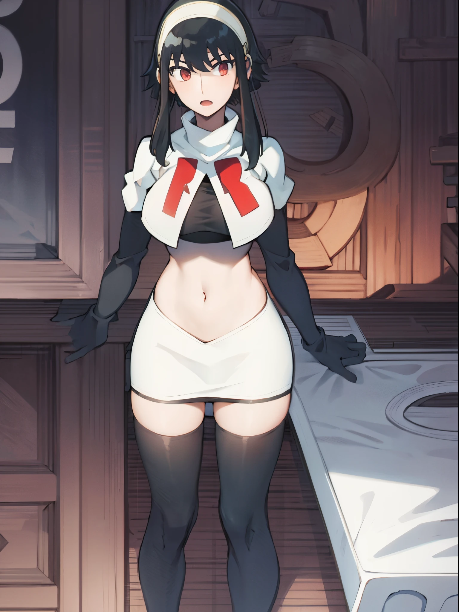 yor, 1girl, black hair, red eyes, black hair, short hair, short hair with long locks, bangs, sidelocks, white hairband,team rocket,team rocket uniform, red letter R, white skirt,white crop top,black thigh-highs,black elbow gloves
