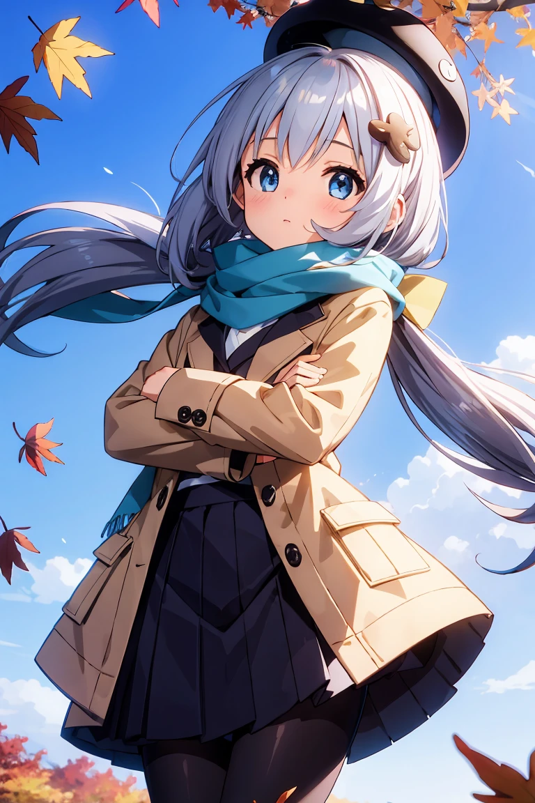 cute pose, beautiful eyes, 1girl, kawaii, loli, tareme, floating long hair, skirt, wind lift, scarf, coat, pantyhose, mushroom hair ornament, Autumn leaves are fluttering down in the wind, masterpiece, best quality, high resolution, highly detailed,