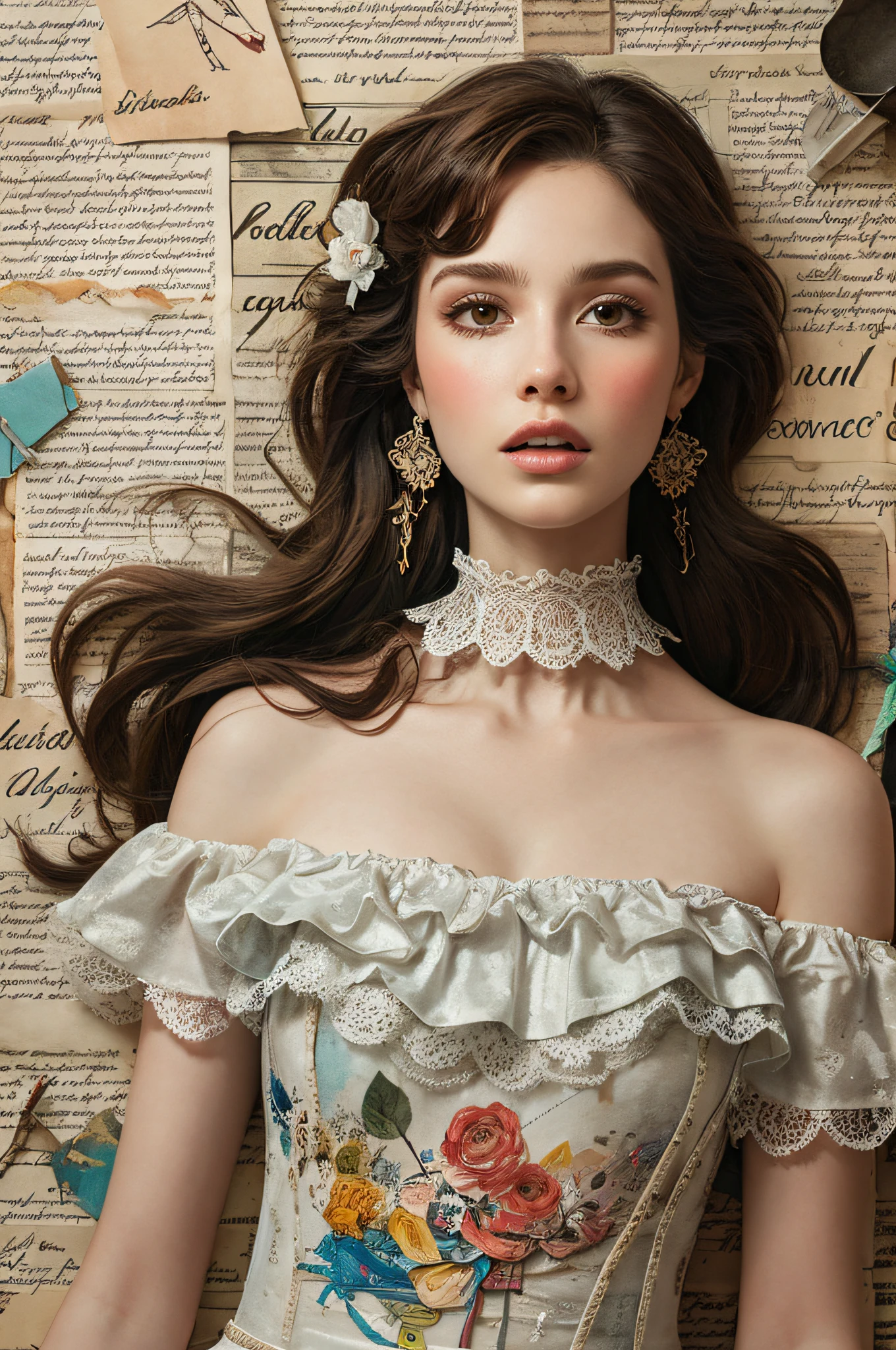 Super detailed alcohol ink painting of gorgeous girl, Made on top of a mixed-media masterpiece patchwork of stress-free vintage script paper, Ephemera, Torn cardboard, Vintage newspaper, Vintage sheet music, Wax Seal, Dress made of paper ruffles and life-size dainty lace, in the style of [Junk Journal, double exposure, Equal to the size of the body, Greg Simkins, Mark Davis, Oliver Jeffers, Andy Kehoe], Cinematic, Stunning, Highly detailed, 8K, dehazed