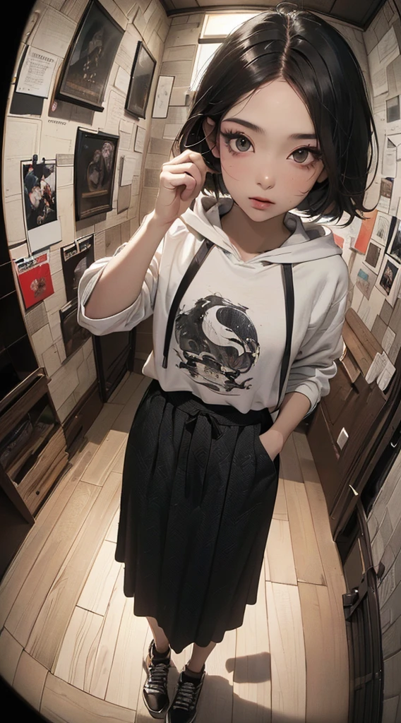 (((8k wallpaper of extremely detailed CG unit:1.2, masterpiece, hight resolution:1.2, top-quality:1.2, masutepiece))), ((a very beautiful woman, Hands in pockets:1.8, Grunge Fashion:1.2, wearing hoodies:1.2, Wearing a long skirt, Wearing shoes)), ((extra detailed face, Extremely beautiful face, Highly detailed black eyes, extra detailed body, Top quality real texture skins)), (A dark-haired, length hair, de pele branca, Small), ((colorful geometric pattern wall, Colorful wall)), (high-angle, Fisheye:1.3), hyper realisitic, digitial painting,