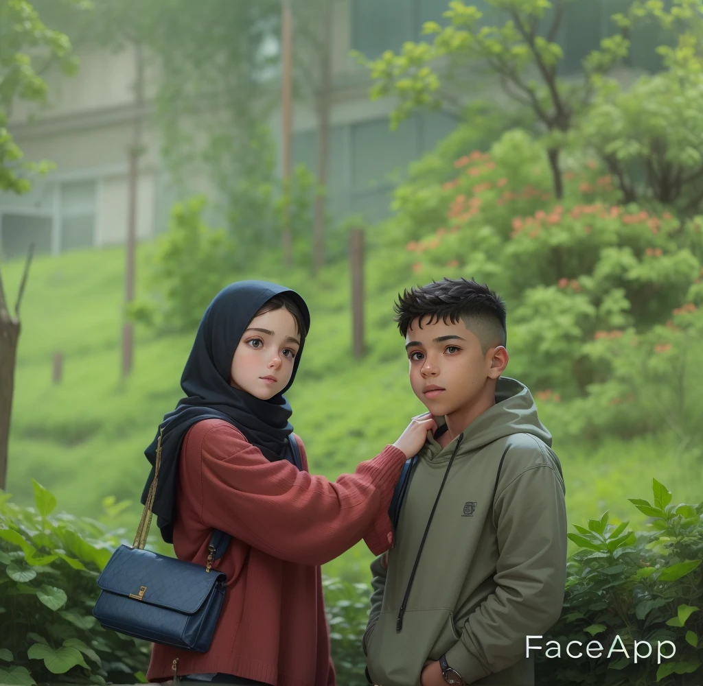 a boy and a girl, twins, Brother and sister, Exactly the same, in jeans and shirts, stand next to each other in full growth, The boy is modest and calm, The boy has a book in his hands, The girl smiles broadly, Kind of hooligan, In his left hand is a wooden sword, soft light, Detailed, High-quality textures, Realistic