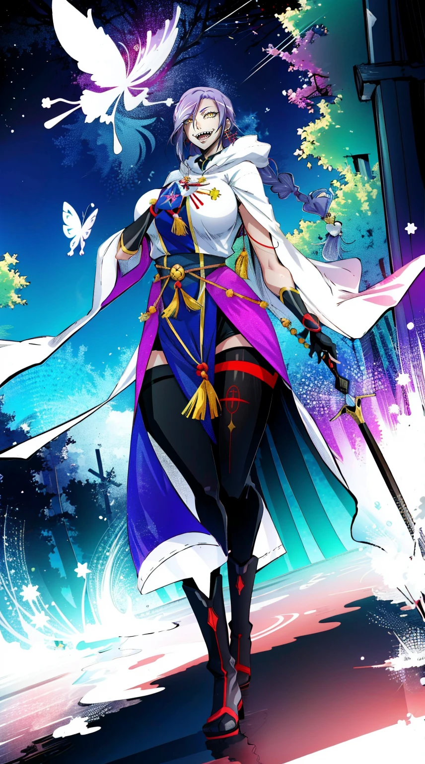 1girl, solo, looking at viewer, cowboy shot, hand arms full body,boots, standing,cute,breast, curvy, female,fantasy goddess,there is a cartoon picture of a woman with a very large breast, glowing divine being, glowing holy aura, inspired by Luma Rouge, the non-binary deity of spring, ethereal rainbow nimbus, the butterfly goddess of fire, inspired by Mariel, glowing aura around her, astral wind, as the goddess of the saturn, “uwu the prismatic person, big breast, serious, beautiful eyes, , full body, walking, long robe, long dress, ,priestess ,holy, smile, god rays, ray tracing, sparkle, cinematic lighting, UHD, retina, masterpiece, ccurate, anatomically correct, textured skin, super detail, high details, high quality, award winning, best quality, highres, 1080P, HD, 4K, thunder aura, light aura,full, snak staff,closed mouth,#anime #character #re:creators #magane chikujoin Trigger Words: chikujoin magane sharp teeth single braid thighhighs gloves earrings Version No.:, long skirt, sharpteeth smile, open mouth, priestess, tunic,, forest ruins background, european tunic, germanic cloths, european forest background, medieval france background