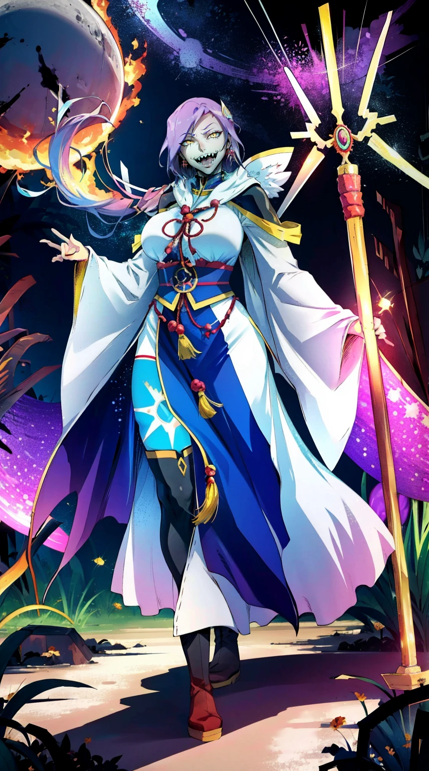 1girl, solo, looking at viewer, cowboy shot, hand arms full body,boots, standing,cute,breast, curvy, female,fantasy goddess,there is a cartoon picture of a woman with a very large breast, glowing divine being, glowing holy aura, inspired by Luma Rouge, the non-binary deity of spring, ethereal rainbow nimbus, the butterfly goddess of fire, inspired by Mariel, glowing aura around her, astral wind, as the goddess of the saturn, “uwu the prismatic person, big breast, serious, beautiful eyes, , full body, walking, long robe, long dress, ,priestess ,holy, smile, god rays, ray tracing, sparkle, cinematic lighting, UHD, retina, masterpiece, ccurate, anatomically correct, textured skin, super detail, high details, high quality, award winning, best quality, highres, 1080P, HD, 4K, thunder aura, light aura,full, snak staff,closed mouth,#anime #character #re:creators #magane chikujoin Trigger Words: chikujoin magane sharp teeth single braid thighhighs gloves earrings Version No.:, long skirt, sharpteeth smile, open mouth, priestess, tunic,, forest ruins background, european tunic, germanic cloths, european forest background, medieval france background