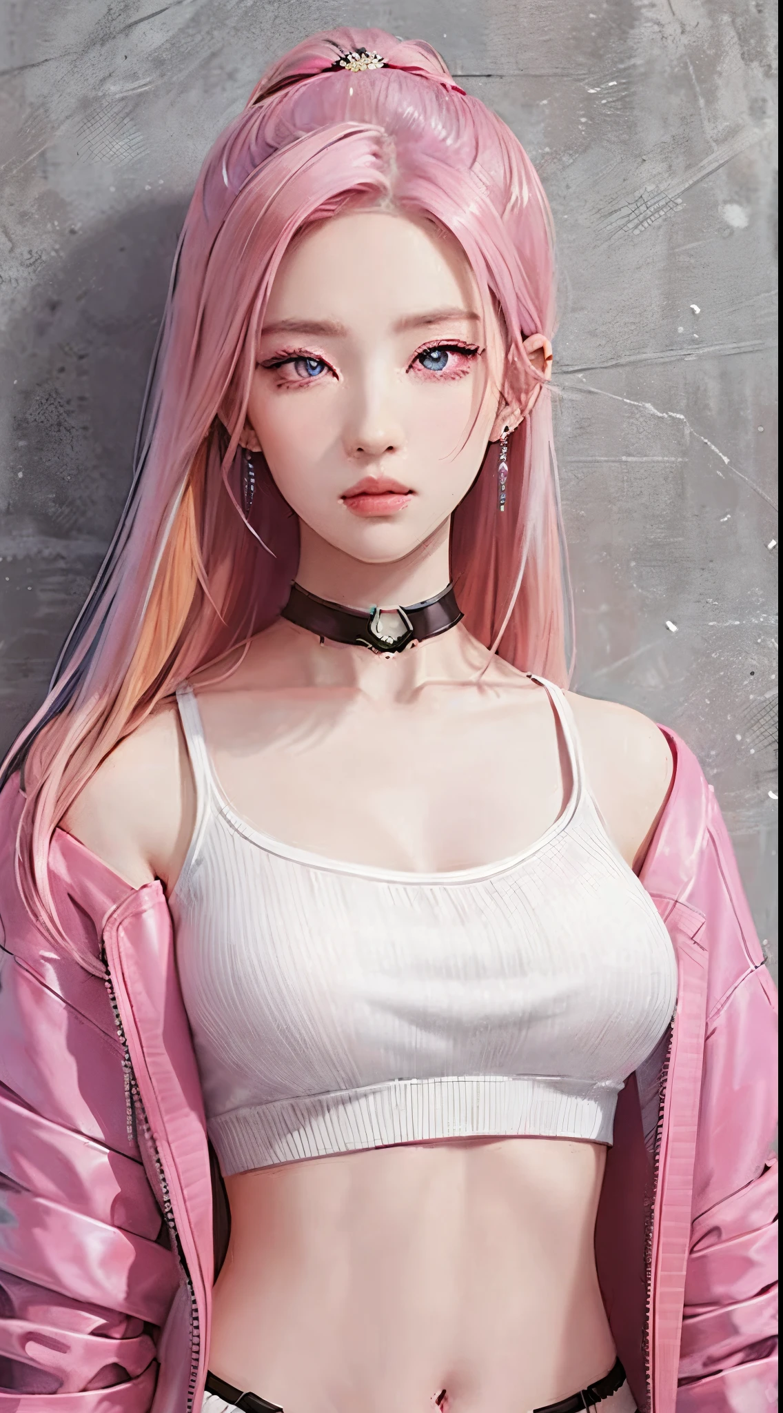 (masterpiece, best quality, 1girl, solo, intricate details, chromatic aberration), realistic, ((medium breath)),long hair, pink hair, red head ornament, pink highlights, hair over one eye,purple eyes, earrings, sharp eyes, choker, neon shirt, open jacket, crop top, (symmetry eyes),(perfect symmetrical body),against wall, brick wall, graffiti, dim lighting, alley ,look at viewer