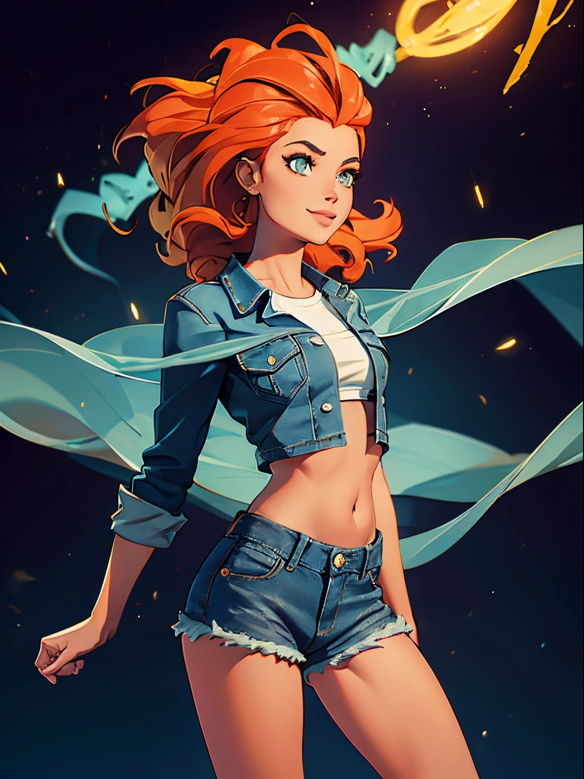 illustration super fine, cores vibrantes, obra-prima, foco afiado, melhor qualidade, profundidade de campo, cinematic lighthing, ultra detalhado, 1girl, solo, jaqueta denim, camisa branca, crop top, midriff, shorts denim, seios grandes, cabelos longos, cabelos prateados, olhos vermelhos, sorriso, boca aberta,