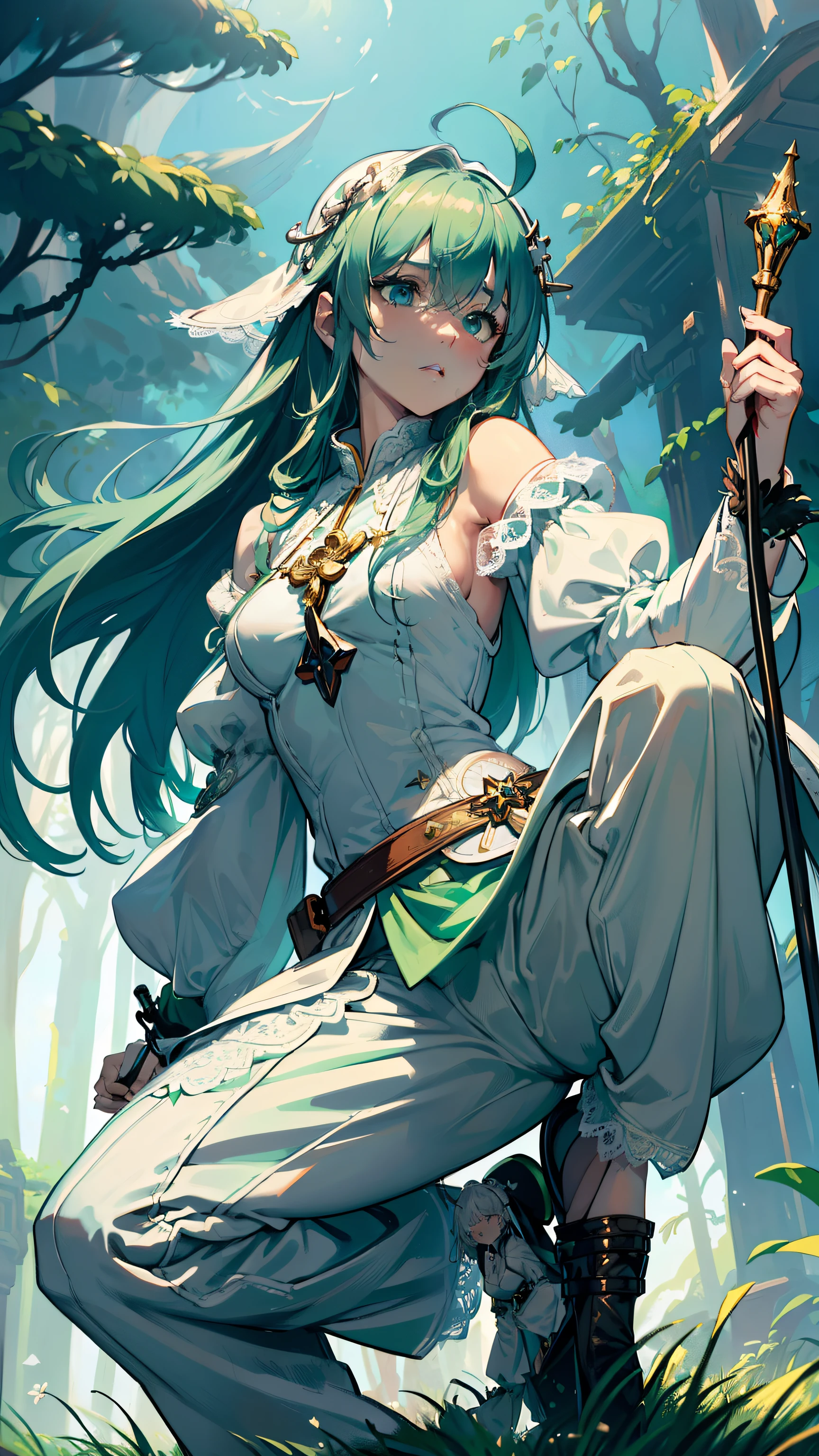 masterpiece, ultra detailed, 8k portrait, RAW photo, portrait photography, Highly detailed face, beautiful and meticulous eyes, ((Fantasy)), Young beautiful, (((Female priest))), (((((spread legs standing))))), (light blue long thin hair)), ahoge, hair over one eye, Gentle face, White skin, (((green and white puffy sleeve lace priest robes))) Fluttering in the wind, (((lowleg wide pants))), Leather boots, ((((equip a magic wand)))), Midday Sun, Hyper realistic, Body model, Small breasts, Beautiful breasts, Long legs, in the medieval adventurer's guild, Ambient lighting, Shadow details, Camera focus on face, strong breeze, Light fog