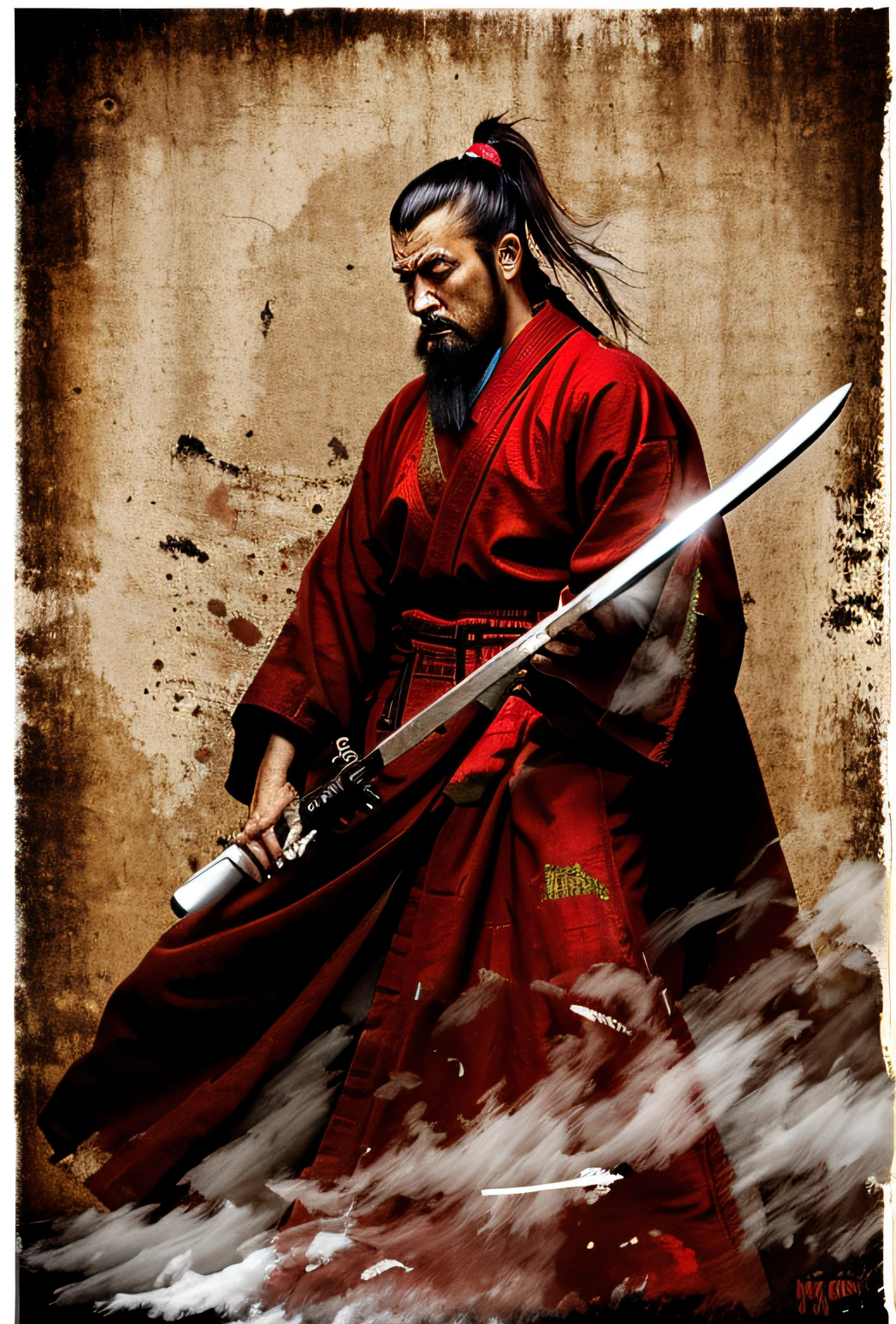 homem arafiado de manto preto segurando uma espada na frente de um fundo preto, inspired by Kanō Sanraku, Retrato Samurai, foto de retrato Samurai, Miyamoto Musashi, Retrato de um Samurai, ancient japanese samurai, japanese samurai, Retrato de um guerreiro Samurai, Samurai, homem Samurai, como Samurai, Makoto Sinkai