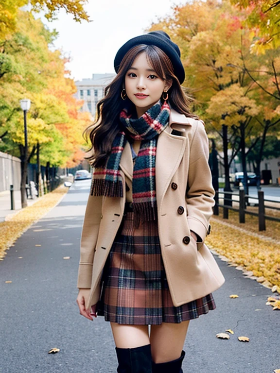 (Photorealistic), (ultra high realistic), (Ultra high definition), (ultra high detailed), (Increase contrast), (Increase saturation), (1girl in), A pretty woman with perfect figure, Cute face, beautiful expression, (Lifelike face), Beautiful hairstyle, Realistic eyes, beautiful detail, (real looking skin), Beautiful skins, enticing, The ultra -The high-definition, A hyper-realistic, Realistic, Very detailed, (medium breasts:0.5), Japanese, Semi-long curly hair, Bangs, (Brown hair), (slim figure), (Cute idol of Japan walking in light brown wool coat and knee-high boots, Tartan Check Mini Skirt:1.3, Burberry, Burberry Check Scarf:1.3, knit hat, Fall Winter 2023-2024), (), Gentle smile, Brown hair, ( earrings ), (Supermodel Figures), From below:1.3, In a row of ginkgo trees, Long, Magnificent ginkgo trees lined with autumn leaves on both sides of the road, Autumn, golden leaves, A road with many fallen leaves that look golden:1.3, Filled with fallen leaves:1.3