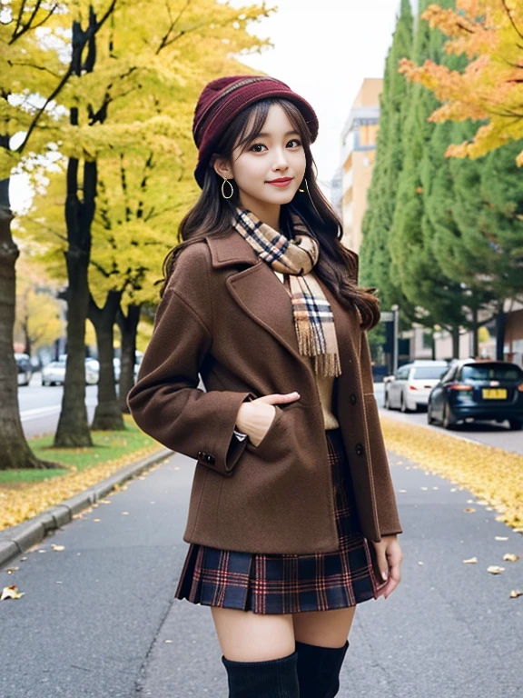 (Photorealistic), (ultra high realistic), (Ultra high definition), (ultra high detailed), (Increase contrast), (Increase saturation), (1girl in), A pretty woman with perfect figure, Cute face, beautiful expression, (Lifelike face), Beautiful hairstyle, Realistic eyes, beautiful detail, (real looking skin), Beautiful skins, enticing, The ultra -The high-definition, A hyper-realistic, Realistic, Very detailed, (medium breasts:0.5), Japanese, Semi-long curly hair, Bangs, (Brown hair), (slim figure), (Cute idol of Japan walking in light brown wool coat and knee-high boots, Tartan Check Mini Skirt:1.3, Burberry, Burberry Check Scarf:1.3, knit hat, Fall Winter 2023-2024), (), Gentle smile, Brown hair, ( earrings ), (Supermodel Figures), From below:1.3, In a row of ginkgo trees, Long, Magnificent ginkgo trees lined with autumn leaves on both sides of the road, Autumn, golden leaves, A road with many fallen leaves that look golden:1.3, Filled with fallen leaves:1.3