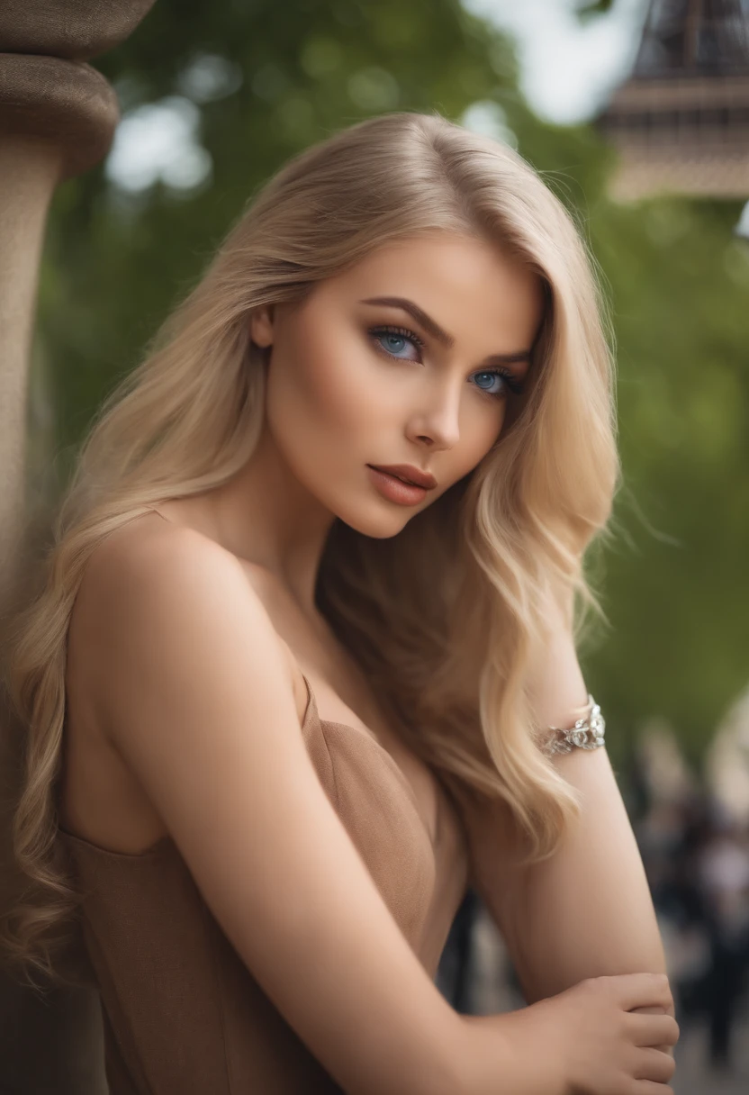 A poised and alluring woman with captivating blue eyes, resembling the ultra-realistic Sophie Mudd. Blonde girl, She wears natural makeup, exudes a sexy charm in a short dress, blonde hair color and poses in Eiffel tower setting with a prominent bust.
