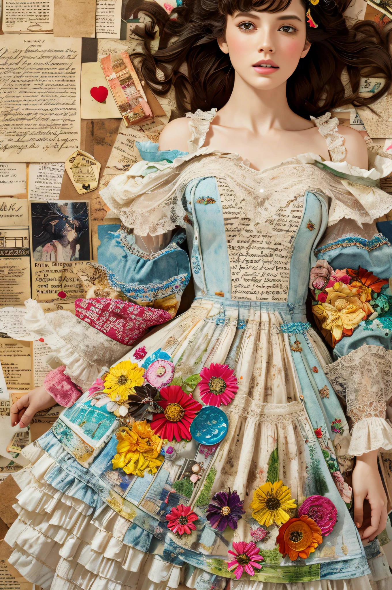 Super detailed alcohol ink painting of gorgeous girl, Made on top of a mixed-media masterpiece patchwork of stress-free vintage script paper, Ephemera, Torn cardboard, Vintage newspaper, Vintage sheet music, Wax Seal, Dress made of paper ruffles and life-size dainty lace, in the style of [Junk Journal, double exposure, Equal to the size of the body, Greg Simkins, Mark Davis, Oliver Jeffers, Andy Kehoe], Cinematic, Stunning, Highly detailed, 8K, dehazed